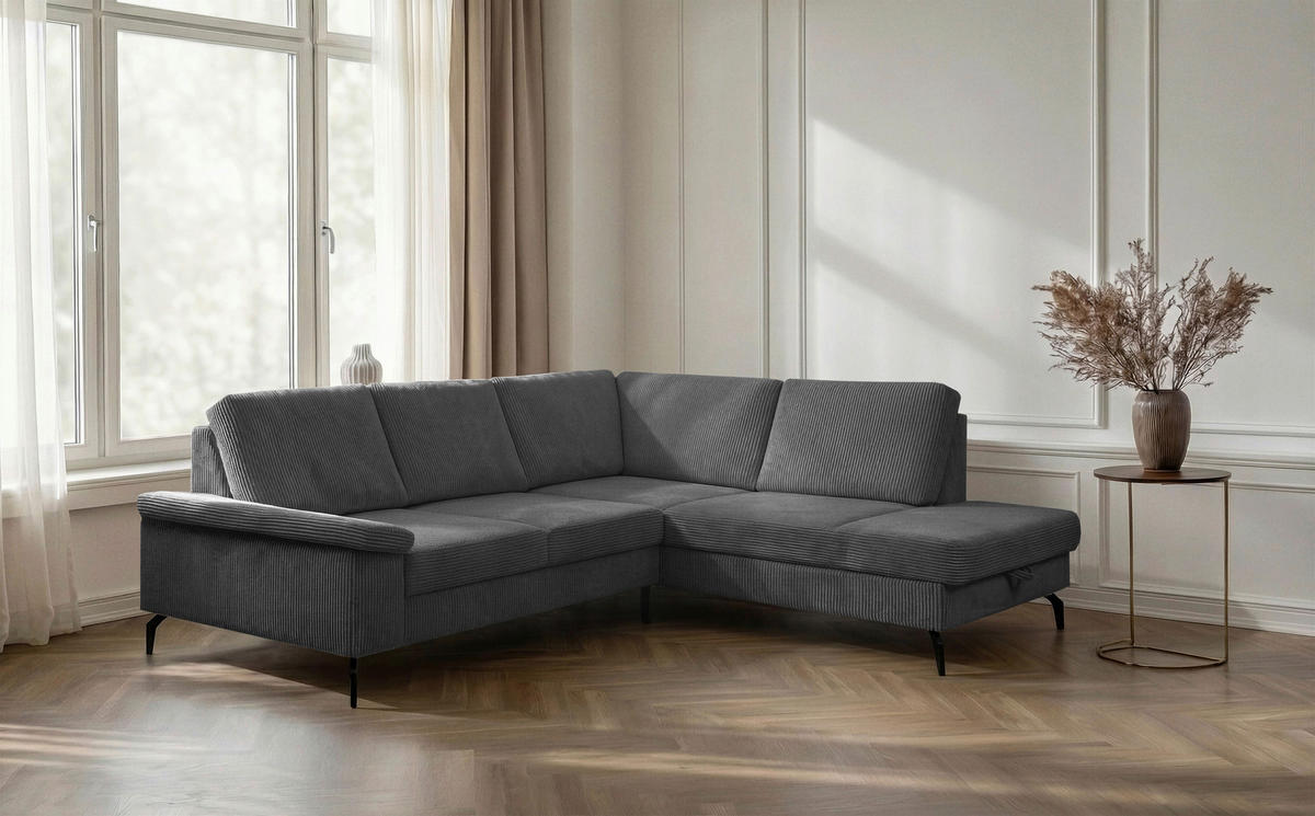 ECKSOFA Anthrazit Velours Bettkasten, Sitzvorzug  - Anthrazit/Schwarz, KONVENTIONELL, Textil/Metall (253/206cm) - Venda