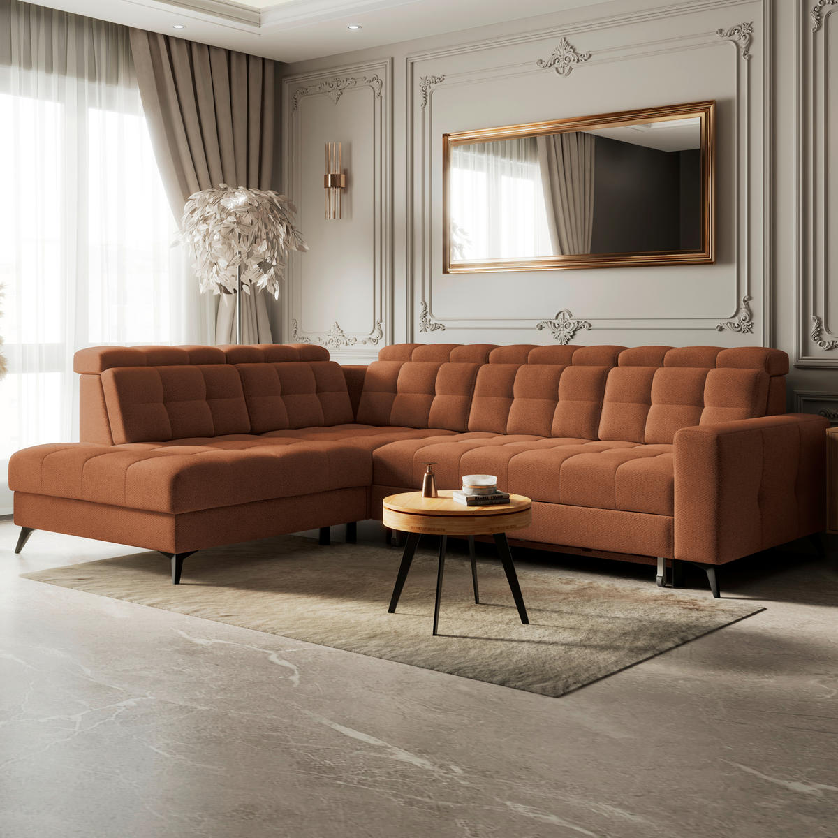 ECKSOFA BARLETTA NEW Terracotta Velours Bettkasten, Kopfteilverstellung, Sitztiefenverstellung, Liegefläche im Originalstoff  - Terracotta/Schwarz, ROMANTIK / LANDHAUS, Textil/Metall (228/289cm) - MID.YOU