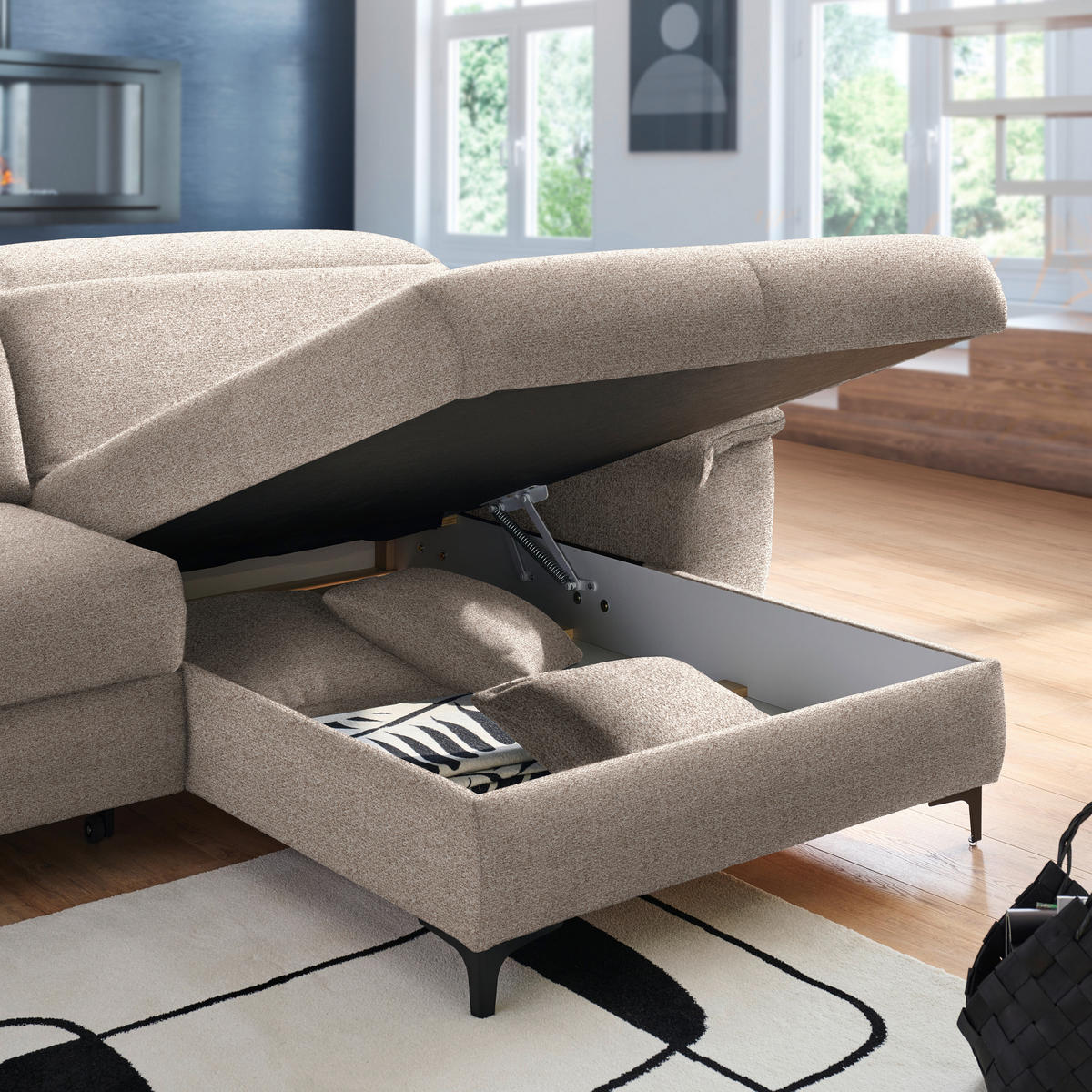 ECKSOFA in Chenille Hellbraun  - Hellbraun/Schwarz, Design, Textil/Metall (185/256cm) - Stylife