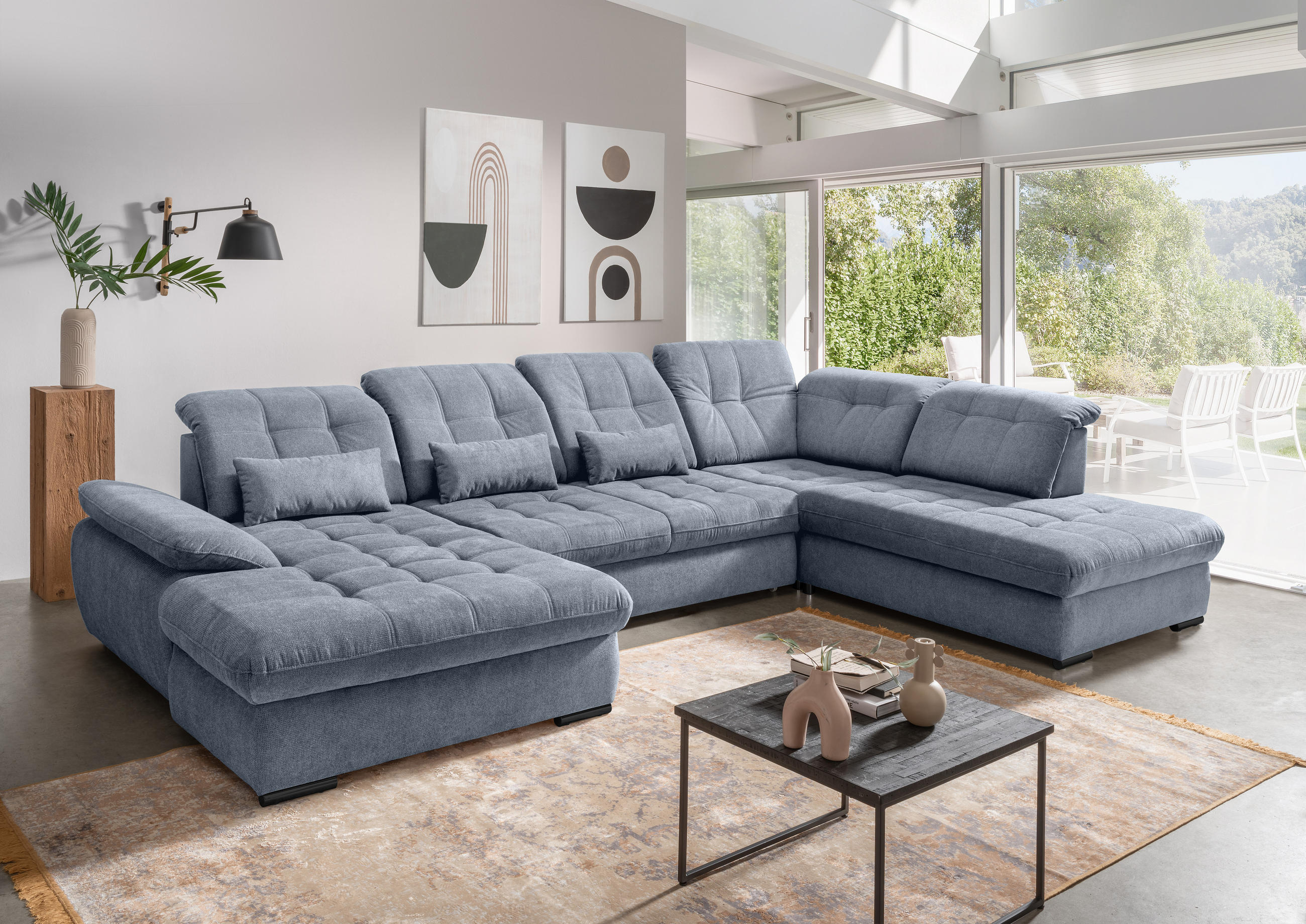 WOHNLANDSCHAFT in Chenille Hellblau  - Schwarz/Hellblau, Modern, Textil/Metall (184/387/252cm) - Livetastic
