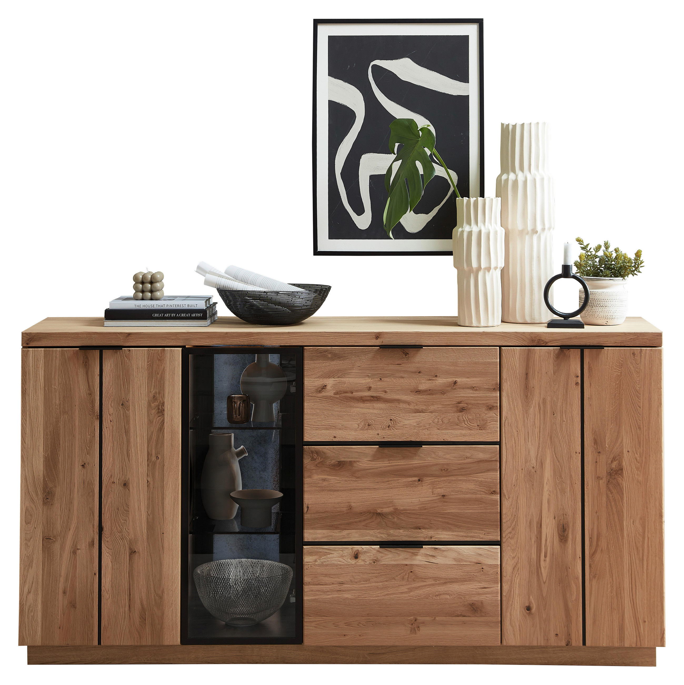 SIDEBOARD  180/93/48 cm 3 Schublade(n)  - Eiche Bianco/Anthrazit, Natur, Glas/Holz (180/93/48cm) - Linea Natura