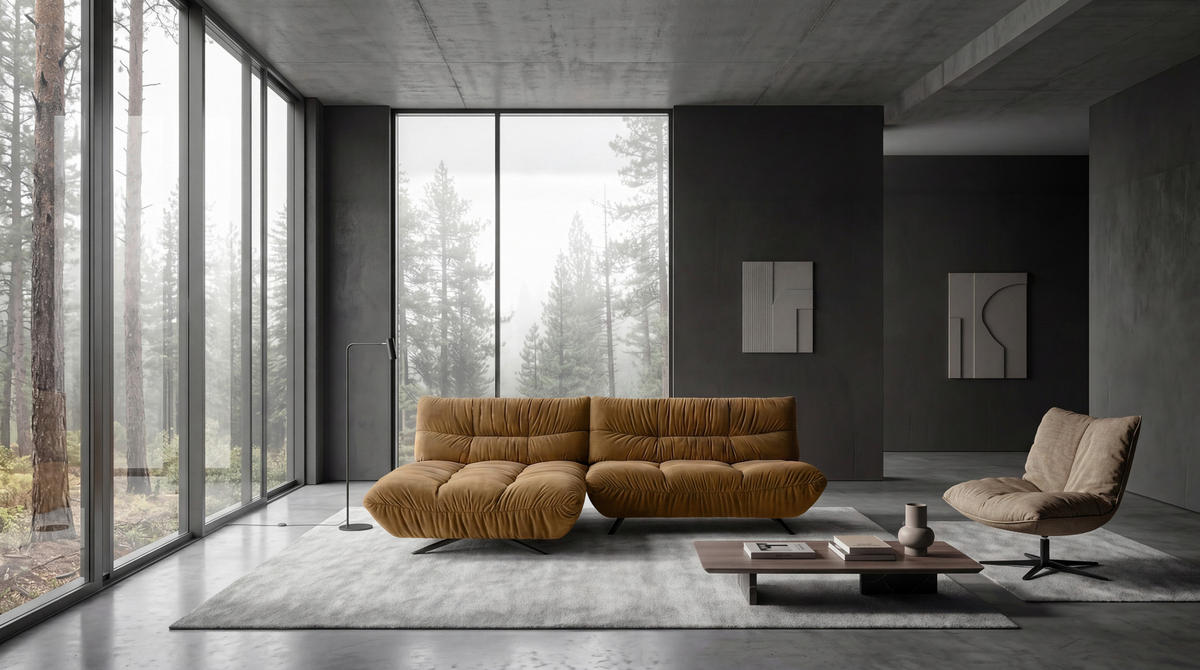 ECKSOFA Beigebraun Chenille Rücken echt, Sitztiefenverstellung  - Beigebraun/Schwarz, Design, Textil/Metall (178/295cm) - Belluti
