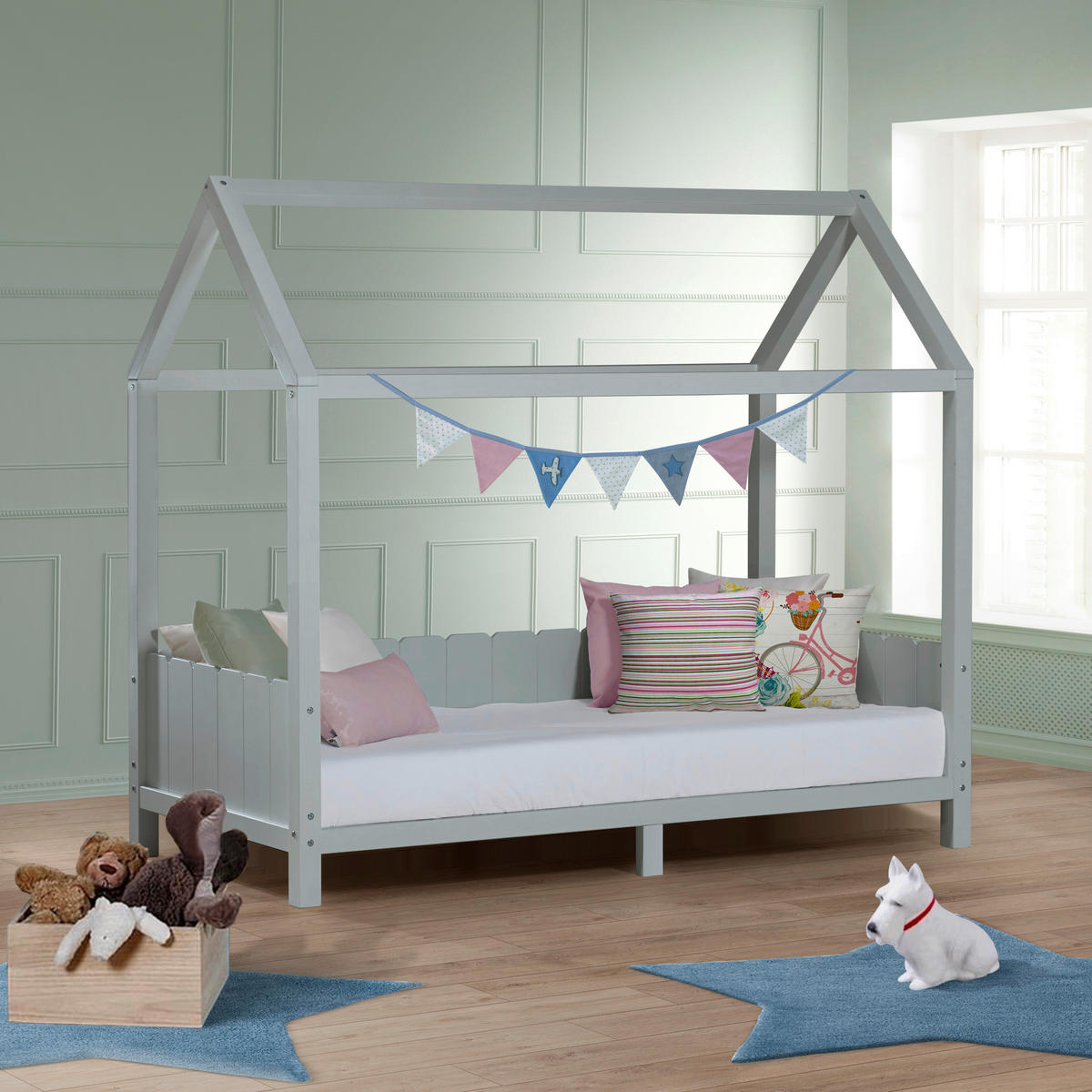 HAUSBETT 90/200 cm,  in Grau, Lattenrost  - Blau/Naturfarben, LIFESTYLE, Holz (90/200cm) - MID.YOU