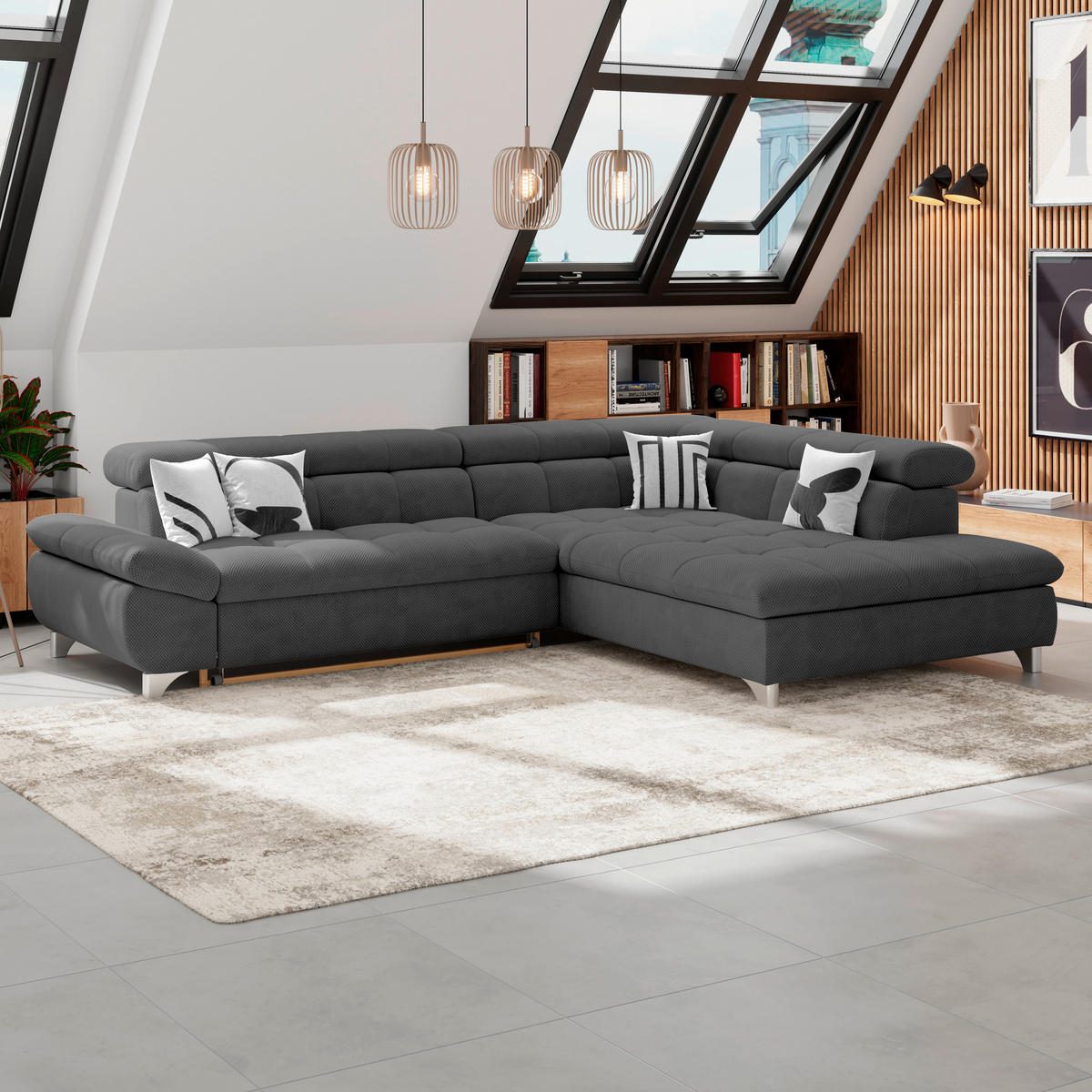 ECKSOFA Anthrazit Chenille  - Chromfarben/Anthrazit, KONVENTIONELL, Textil/Metall (312/234cm) - Livetastic