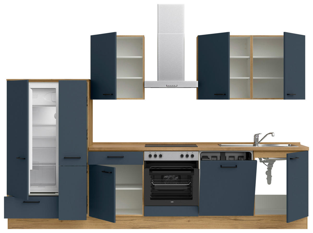 KÜCHENBLOCK 330 cm   in Eichefarben, Dunkelblau  - Eichefarben/Schwarz, MODERN, Holzwerkstoff/Metall (330cm) - Nobilia