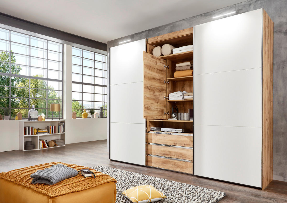 SCHWEBETÜRENSCHRANK in Weiss, Eichefarben  - Weiss/Edelstahlfarben, Modern, Holzwerkstoff/Metall (300/216/65cm) - MID.YOU