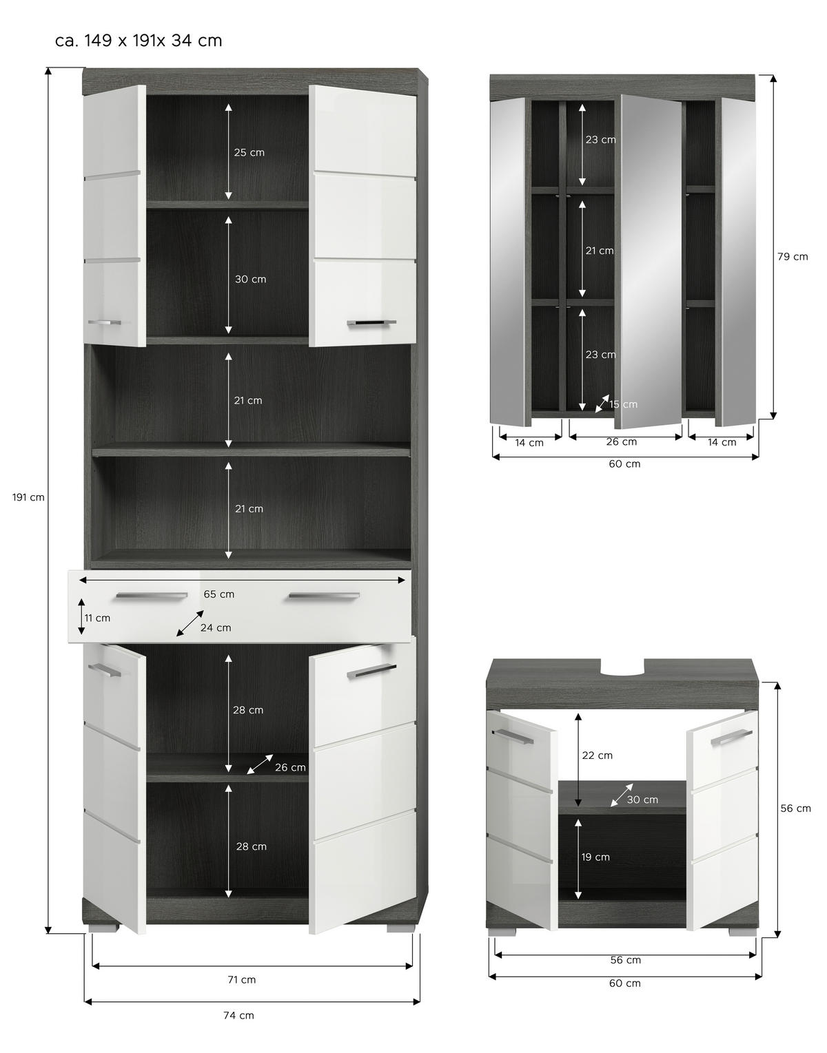 BADEZIMMER 3-teilig  in 134 cm  - Chromfarben/Weiß Hochglanz, MODERN, Holzwerkstoff/Kunststoff (134cm) - MID.YOU