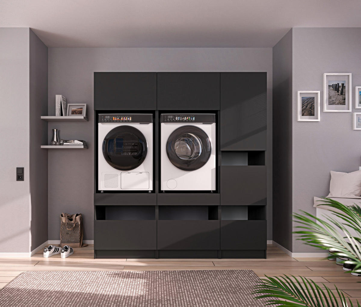 WASCHMASCHINENSCHRANK 68/200/68 cm  in Anthrazit  - Anthrazit/Schwarz, Design, Holzwerkstoff/Metall (68/200/68cm) - Milino