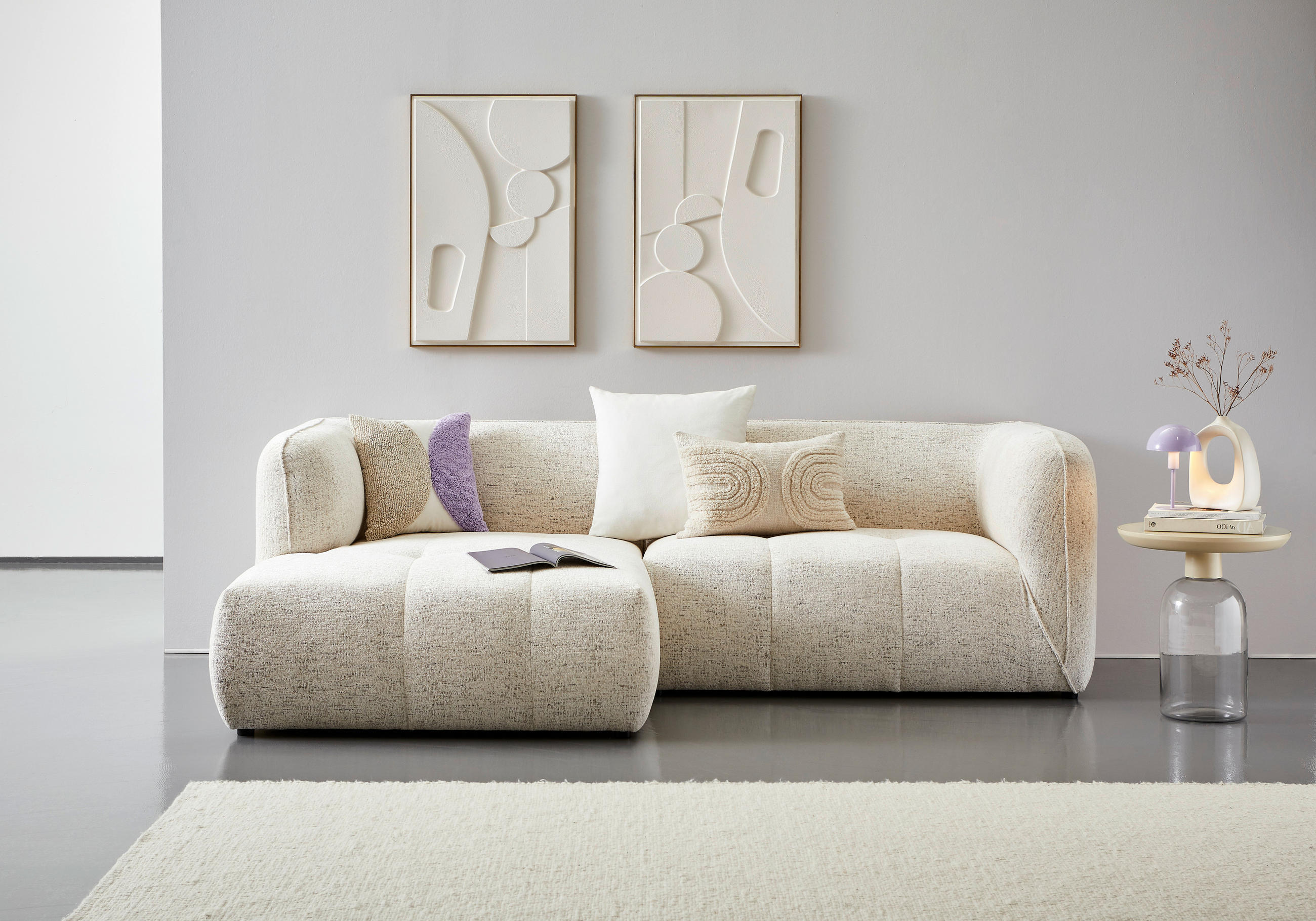 Thumbnail - Ambia Home Ecksofa, Creme, Textil, 3-Sitzer, Ottomane links, L-Form, 255x164 cm, Made in EU, Rücken echt, Wohnzimmer, So...