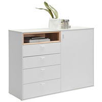 KOMODA, bílá, barvy dubu, 121/92,8/43 cm - bílá/barvy stříbra, Design, kompozitní dřevo/plast (121/92,8/43cm) - Hom`in
