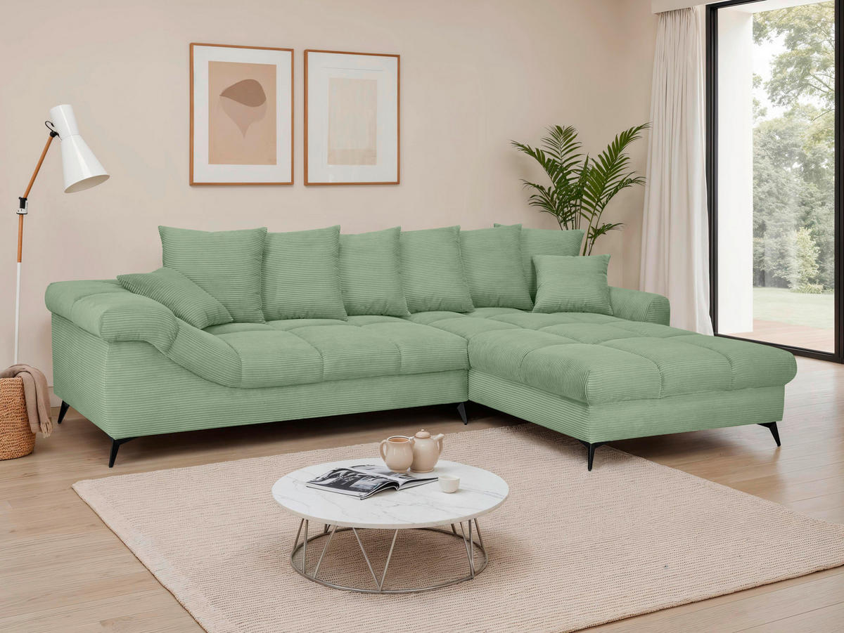 ECKSOFA Pastellgrün Cord Rückenkissen, Armlehnenkissen, Rücken echt  - Pastellgrün/Schwarz, KONVENTIONELL, Textil/Metall (332/231cm) - Carryhome