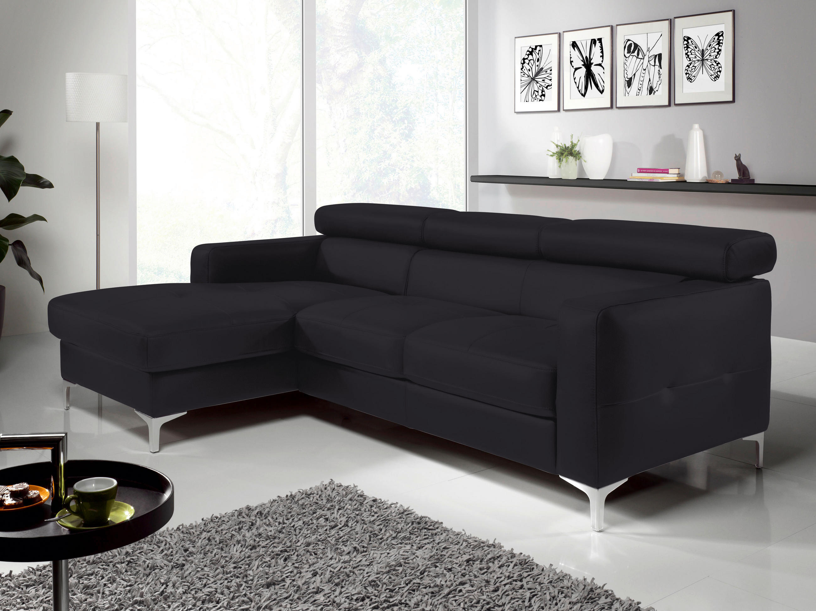 ECKSOFA in Echtleder Schwarz  - Chromfarben/Schwarz, Design, Leder/Metall (169/226cm) - Livetastic