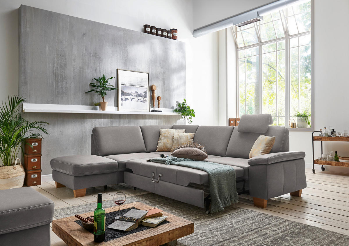 ECKSOFA  in Echtleder Grau  235/274 cm  - Eichefarben/Beige, KONVENTIONELL, Leder/Holzwerkstoff (235/274cm) - Beldomo Premium