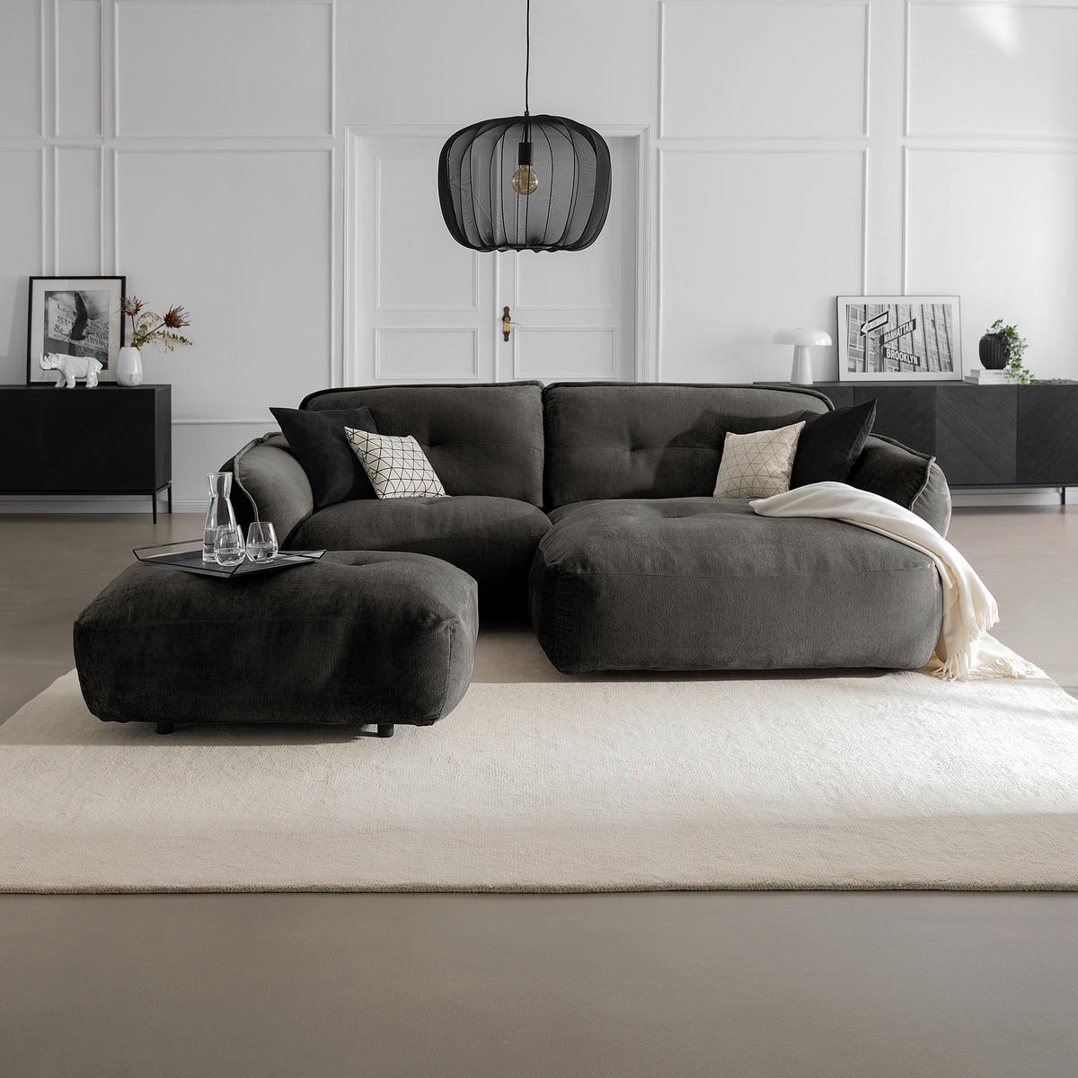 HOCKER in Textil Anthrazit  - Anthrazit/Schwarz, Modern, Kunststoff/Textil (102/46/65cm) - Trendmanufaktur