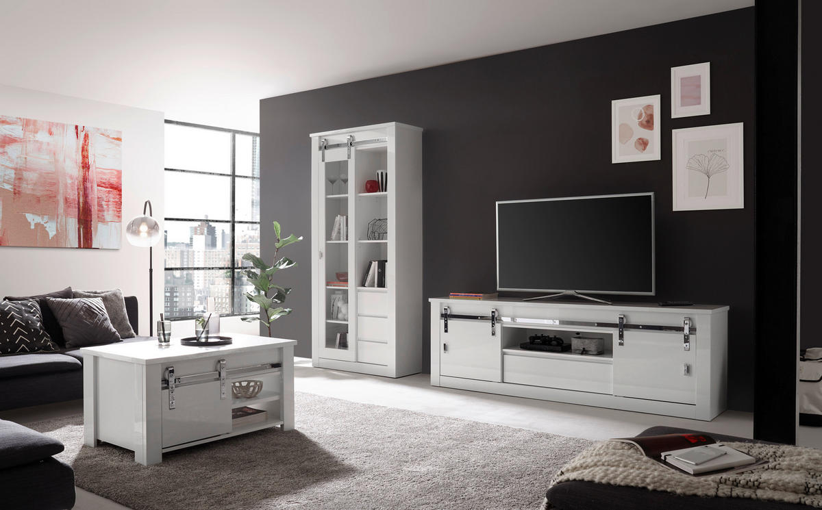 WOHNWAND 2-teilig  in Weiß, Weiß Hochglanz  309/200/43 cm  - Weiß Hochglanz/Weiß, Design, Holzwerkstoff (309/200/43cm) - Livetastic