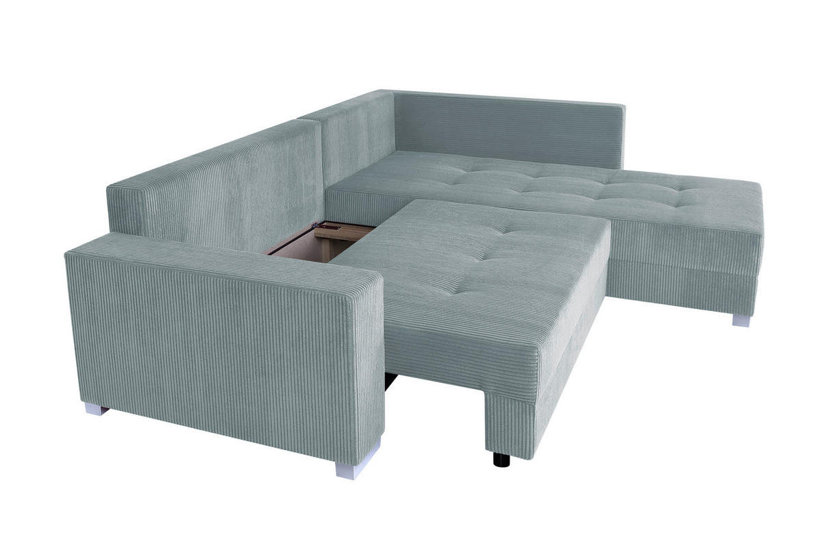 ECKSOFA Mintgrün Cord Bettkasten, Schlaffunktion, Stauraum, Liegefläche im Originalstoff  - Chromfarben/Dunkelgrau, Design, Kunststoff/Textil (260/218cm) - P & B