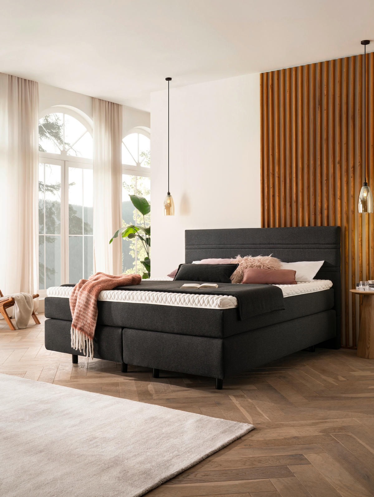 BOXSPRINGBETT 180/200 cm,  in Dunkelgrau, Matratze, Kissen, gepolstertes Kopfteil, Topper, H2 + H3 = mittel + fest  - Dunkelgrau/Schwarz, KONVENTIONELL, Holz/Textil (180/200cm) - Novel
