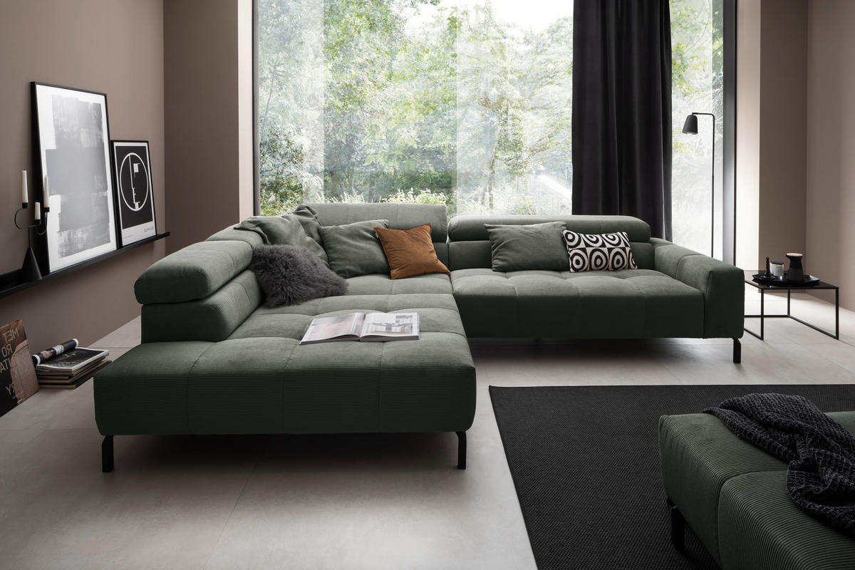 ECKSOFA in Feincord Olivgrün  - Schwarz/Olivgrün, Konventionell, Textil/Metall (219/311cm) - Hom`in