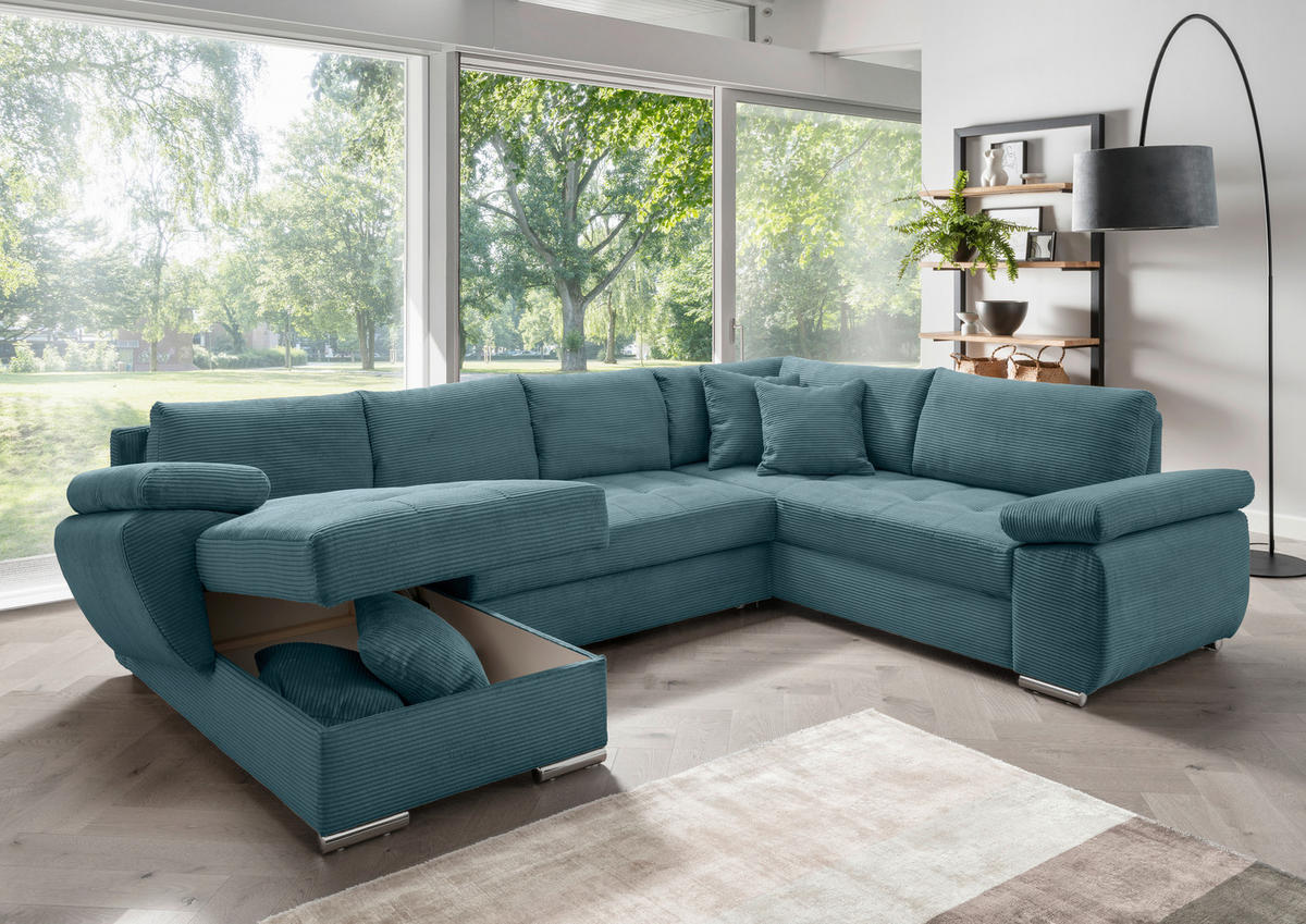 SEDACIA SÚPRAVA, textil, petrolejová - petrolejová/chrómová, Konventionell, kov/textil (157/305/219cm) - Livetastic