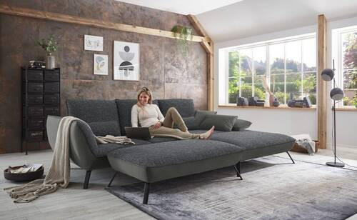 ECKSOFA in Flachgewebe Anthrazit  - Anthrazit/Schwarz, Design, Textil/Metall (301/191cm) - Moderano