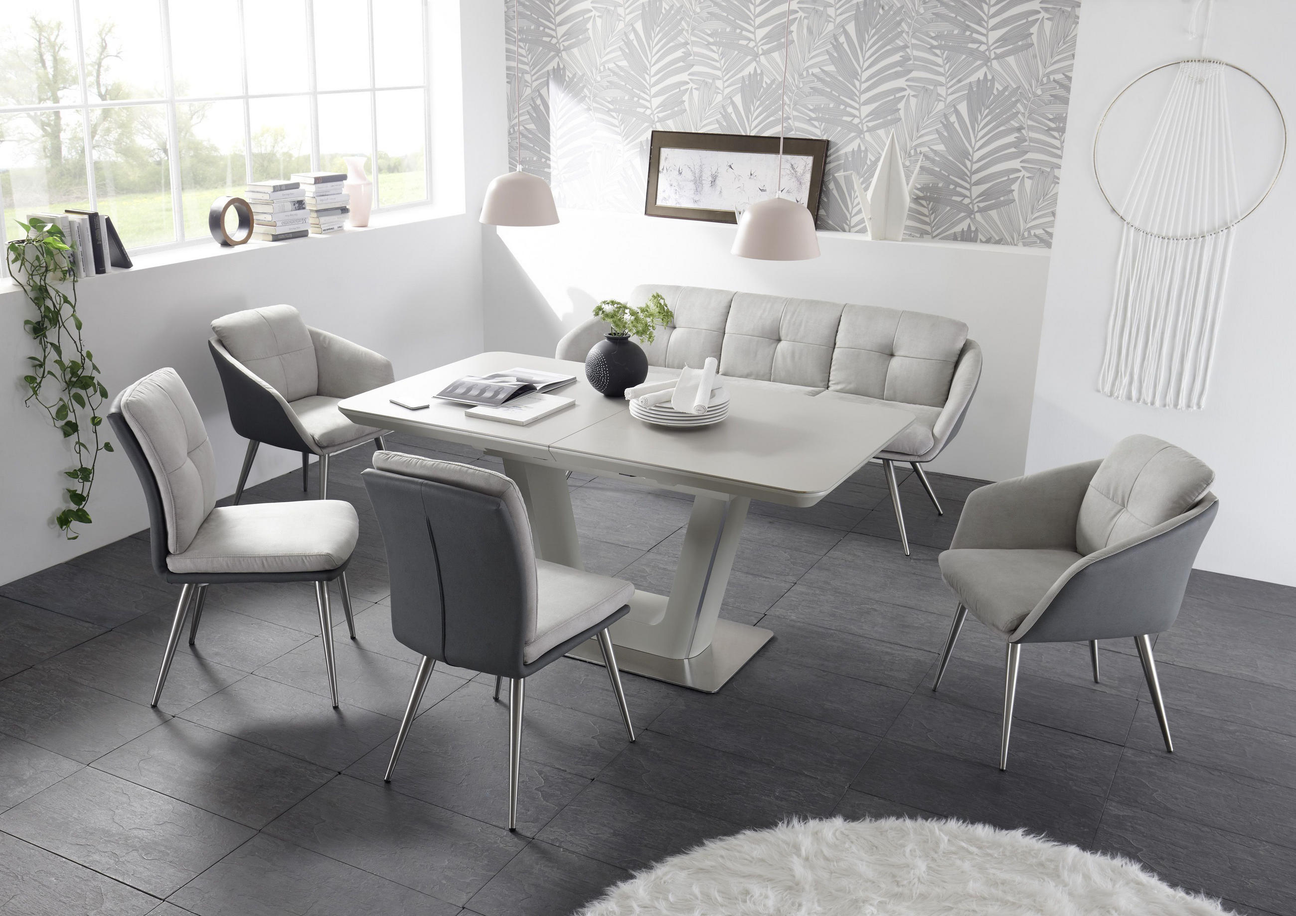SITZBANK 180/88/58 cm Samt Hellgrau, Dunkelgrau  - Edelstahlfarben/Dunkelgrau, MODERN, Textil/Metall (180/88/58cm) - Livetastic