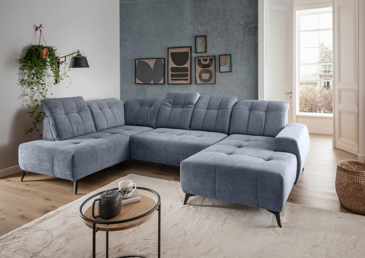 WOHNLANDSCHAFT SANO Hellblau Chenille  - Schwarz/Hellblau, MODERN, Textil/Metall (200/337/180cm) - Livetastic