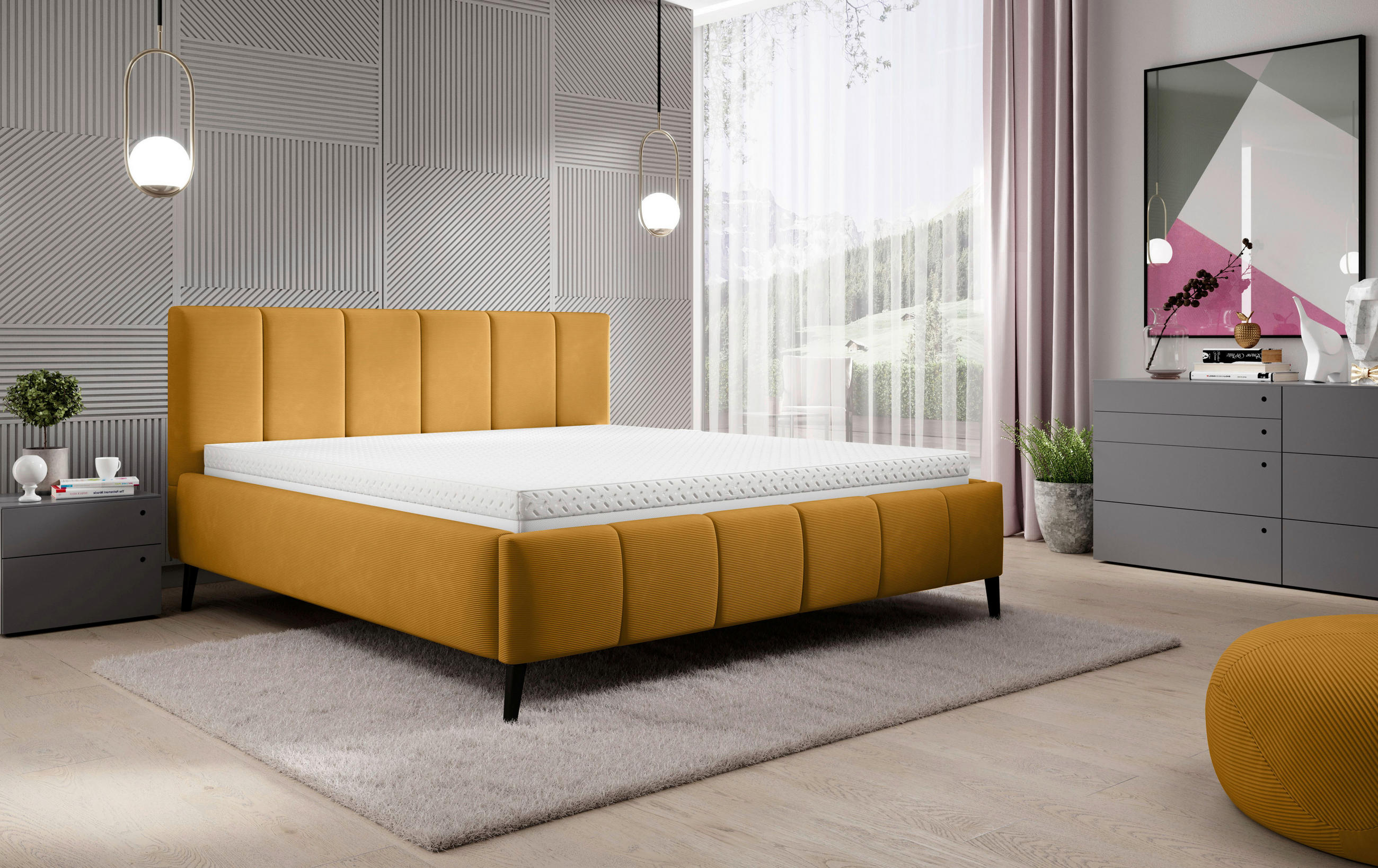 POLSTERBETT 160/200 cm  in Dunkelgelb  - Dunkelgelb/Schwarz, Trend, Holz/Textil (160/200cm) - home24