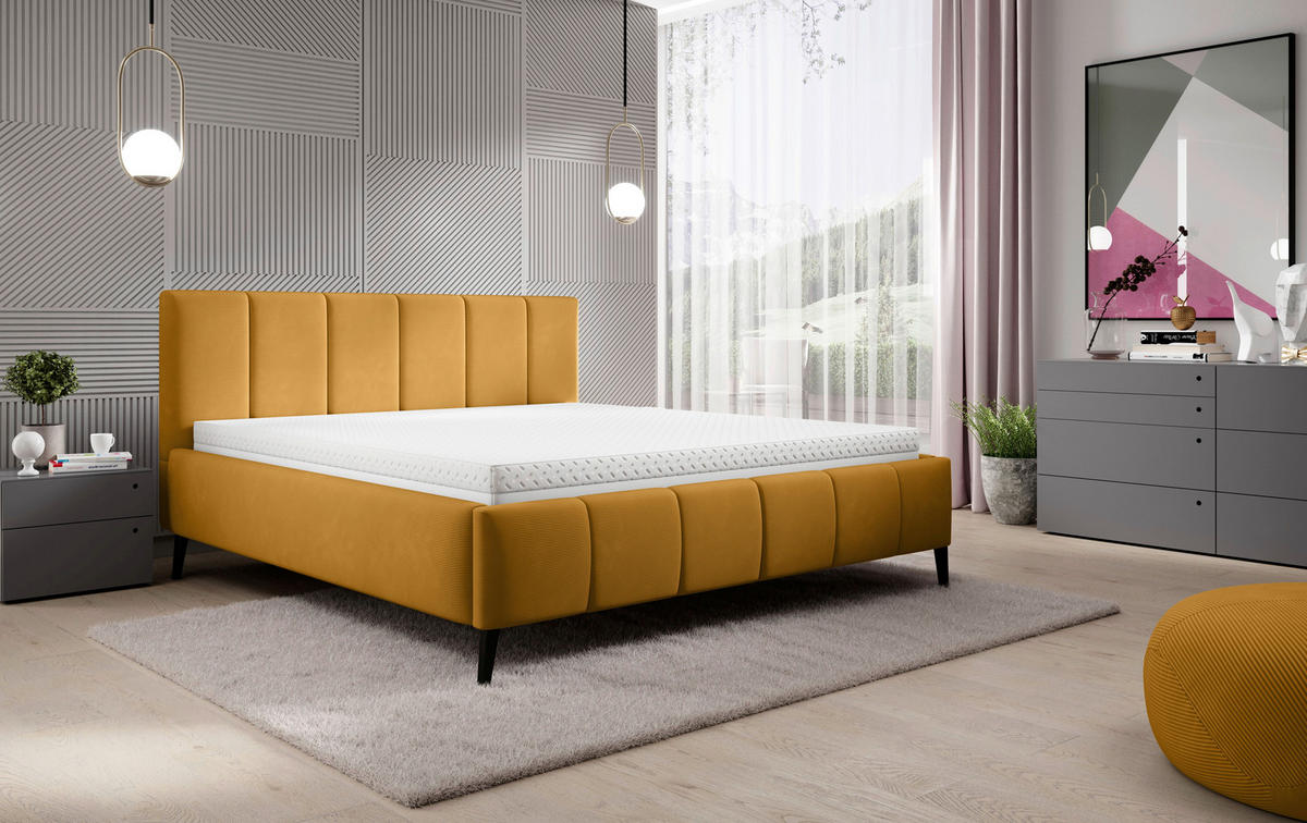POLSTERBETT 180/200 cm  in Dunkelgelb  - Dunkelgelb/Schwarz, Trend, Holz/Textil (180/200cm) - home24