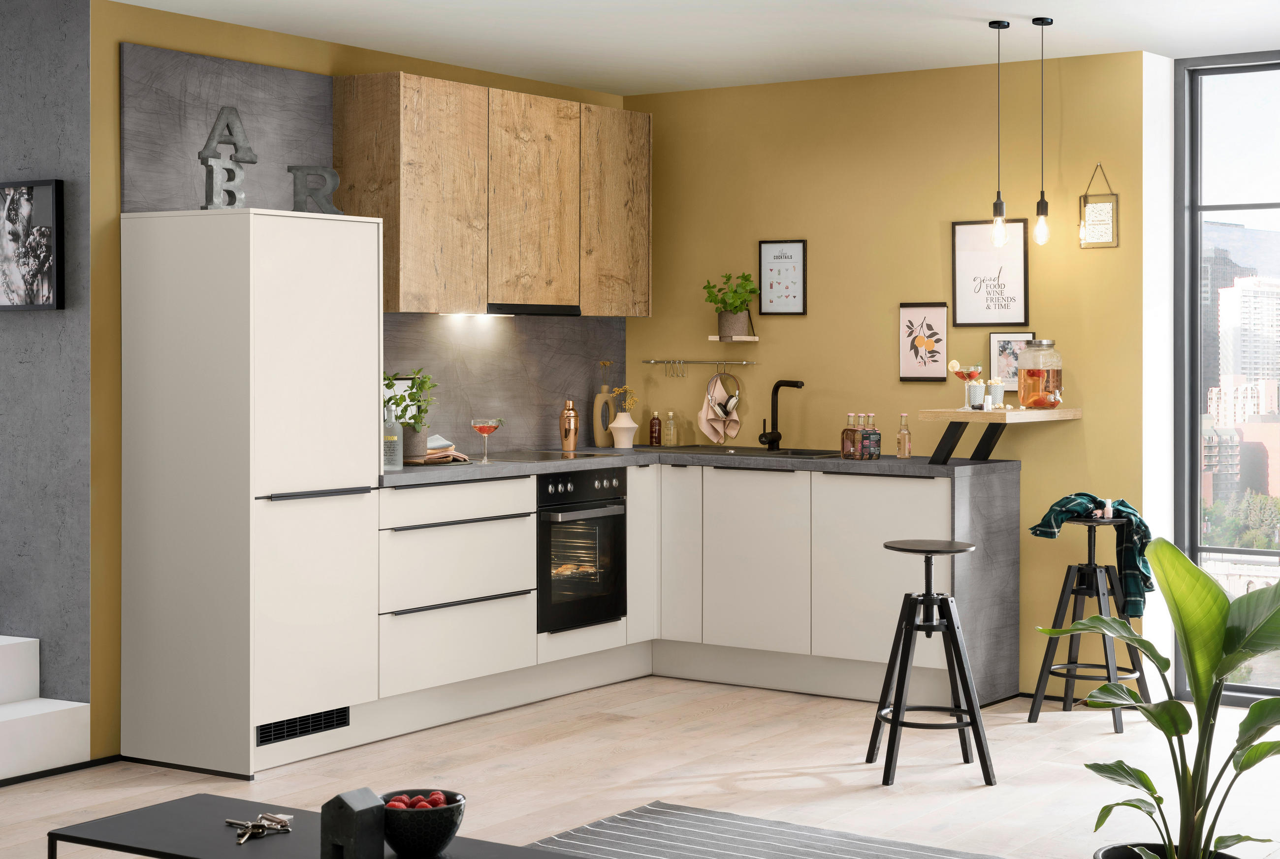 Eckküche Ip1200 ohne Geräte 292x192 cm Kiselgrau/Eiche