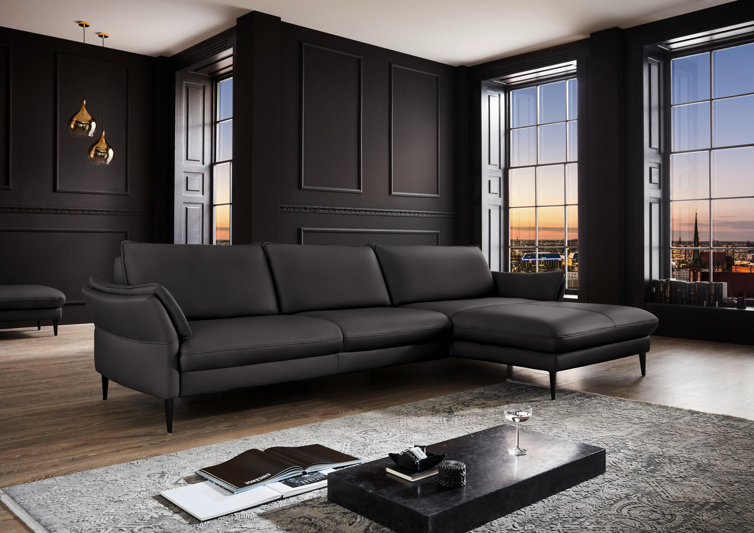 ECKSOFA inkl. Funktion Dunkelbraun Echtleder  - Dunkelbraun/Schwarz, Design, Leder/Metall (334/172cm) - Hukla