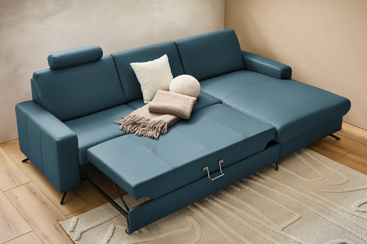 ECKSOFA in Echtleder Blau  - Blau/Schwarz, Design, Leder/Metall (267/165cm) - Lomoco