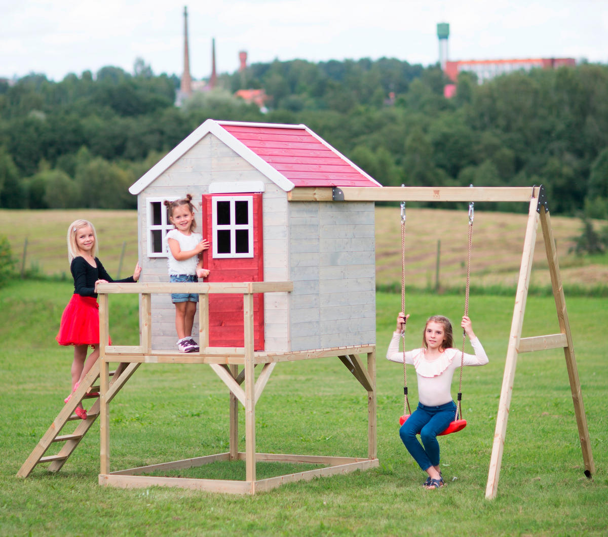 Wendi Toys M5 Kinderspielhaus Holz, Spielhaus Holz, Gartenhaus Kinder mit  Tafel und Fensterlädenin in Rot, Spielhaus Kinder