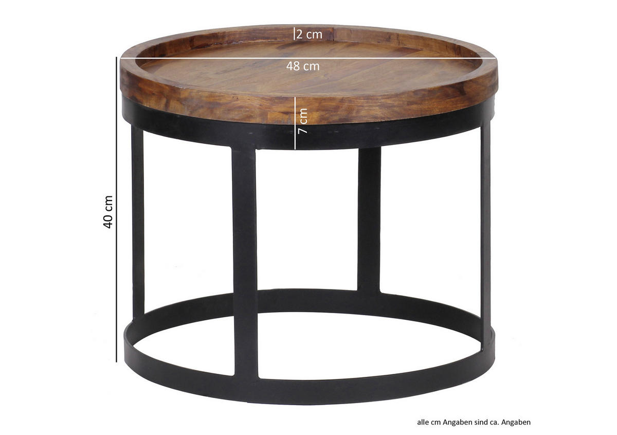 BEISTELLTISCHSET 53/53/45 cm Sheesham massiv Sheeshamfarben rund  - Sheeshamfarben/Schwarz, Design, Holz/Metall (53/53/45cm) - MID.YOU