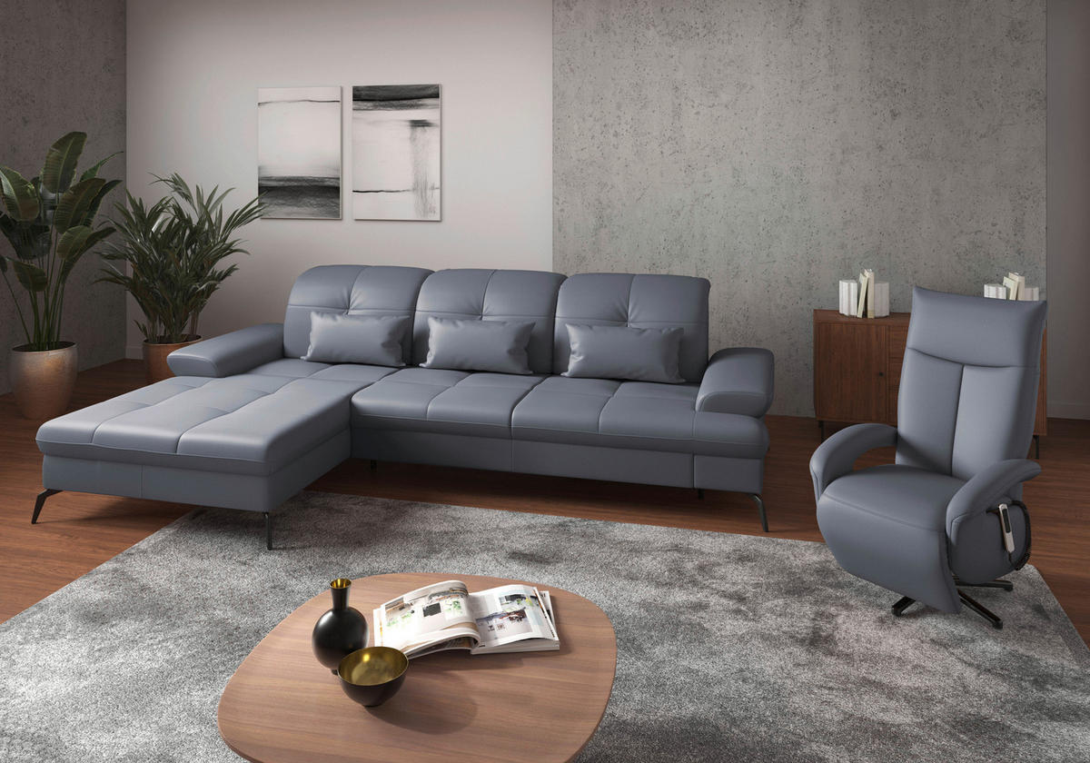 ECKSOFA Graublau Kombination Echtleder/Stoff Vliesstoff  - Graublau/Schwarz, KONVENTIONELL, Leder/Textil (185/279cm) - Sit & More