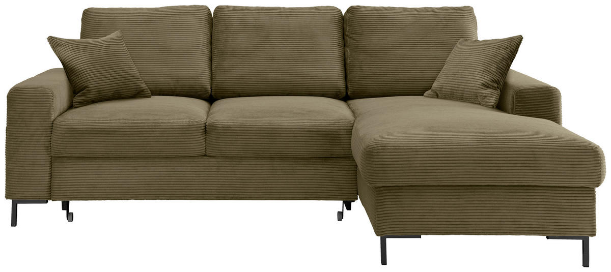 ECKSCHLAFSOFA  mit Liegefunktion, Rücken echt Cord Olivgrün  - Schwarz/Olivgrün, KONVENTIONELL, Textil/Metall (237/143cm) - Livetastic