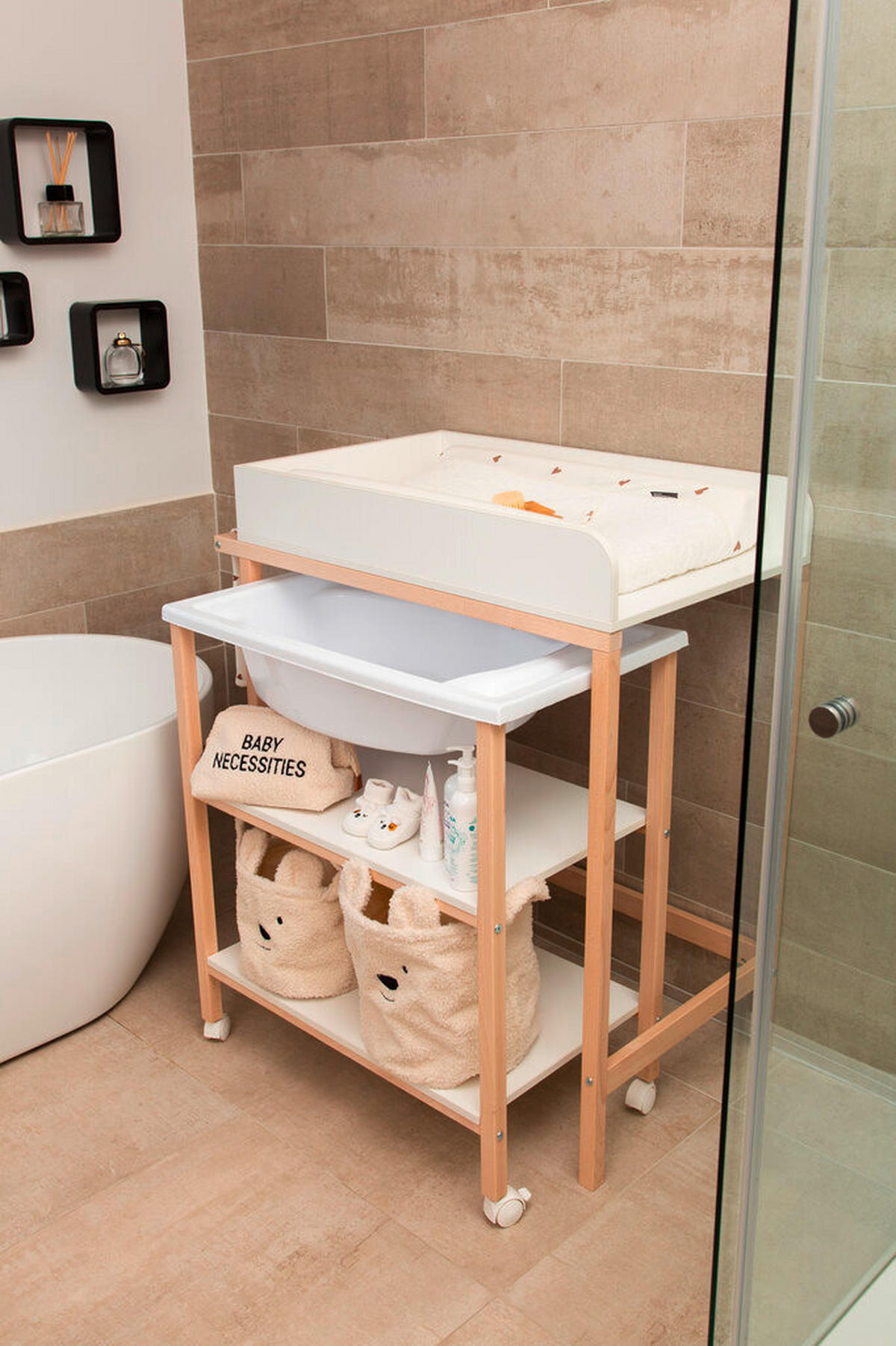 WICKELTISCH 2in1 Set Wickeltisch + Badewanne Weiß, Buchefarben  - Buchefarben/Weiß, KONVENTIONELL, Holzwerkstoff/Kunststoff (91,5/53,5/106,5cm) - Childhome