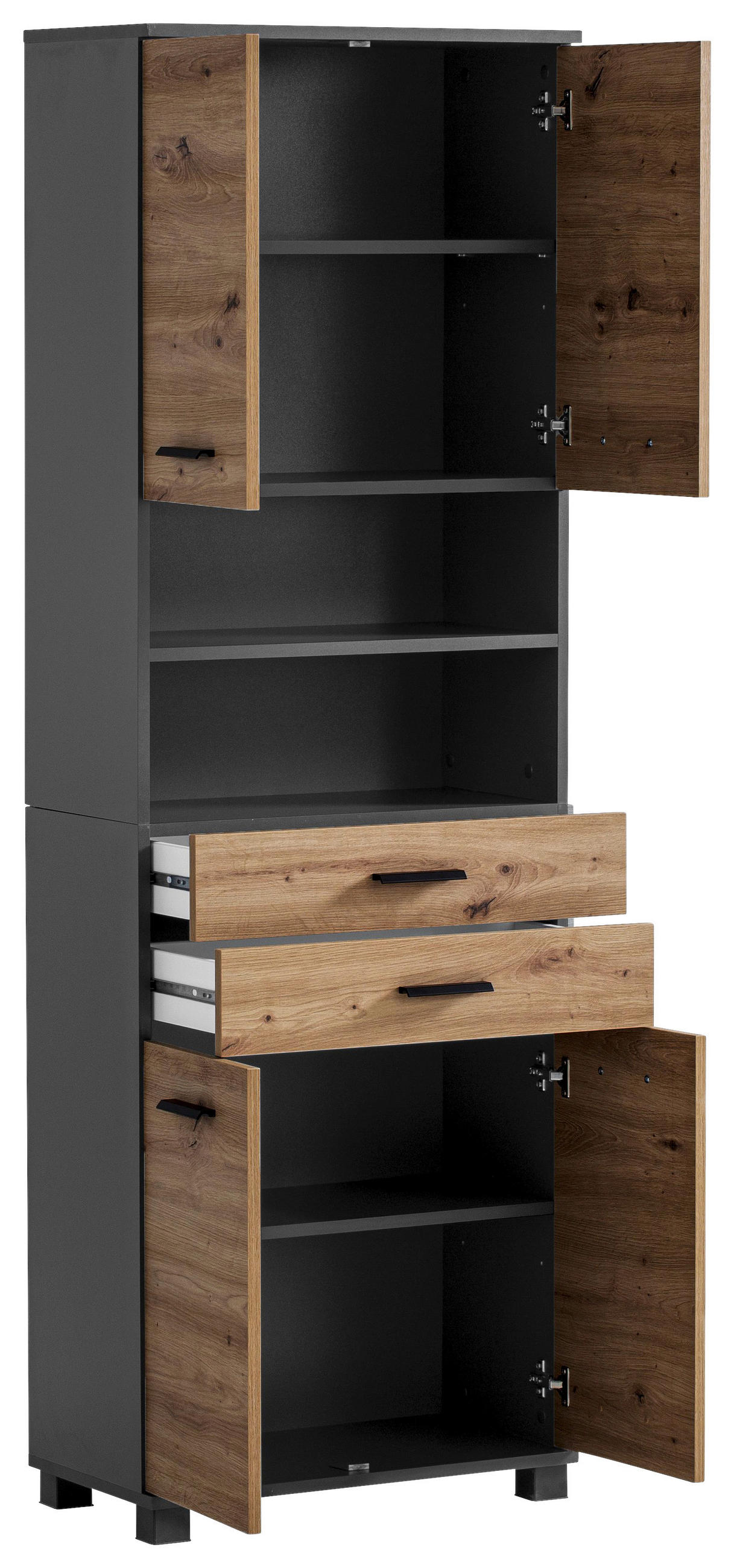 Thumbnail - Stylife Hochschrank Palermo, Anthrazit, Eiche Artisan, Metall, 2 Fächer, 2 Schublade(n) Schubladen, einzeln stellbar, 60...