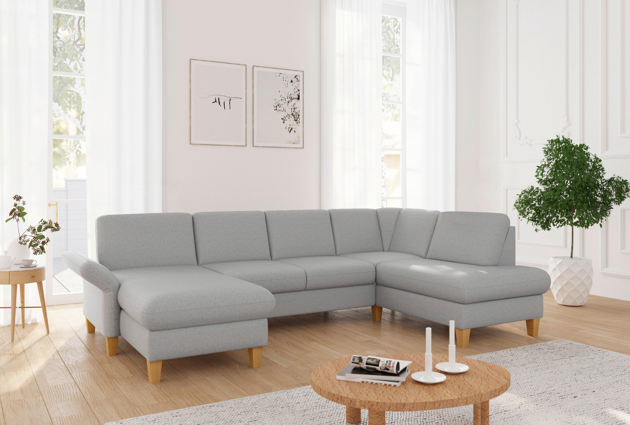 WOHNLANDSCHAFT Hellgrau Flachgewebe  - Eichefarben/Hellgrau, KONVENTIONELL, Holz/Textil (164/314/195cm) - Sit & More