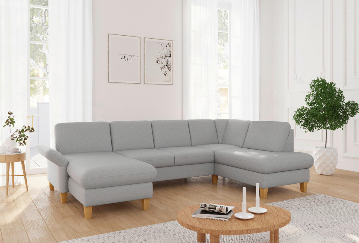 WOHNLANDSCHAFT Hellgrau Flachgewebe  - Eichefarben/Hellgrau, KONVENTIONELL, Holz/Textil (164/314/195cm) - Sit & More