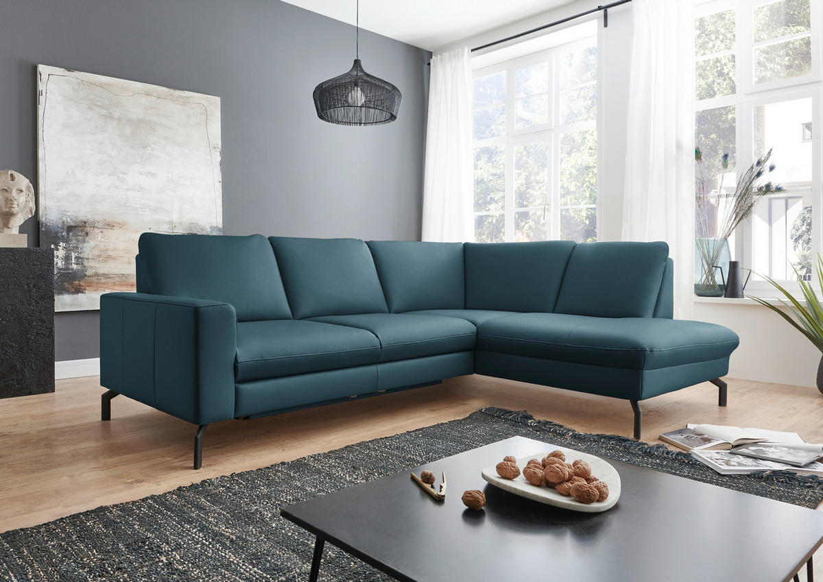 ECKSOFA in Echtleder Blau  250/194 cm  - Blau/Schwarz, Design, Leder/Metall (250/194cm) - Beldomo Premium