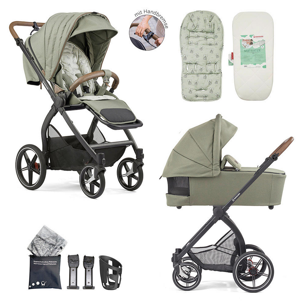 KOMBIKINDERWAGEN  FX4 Swing Set mit Handbremse  Grün-Tabak-Bärchen farngrün  - Salbeigrün/Schwarz, Basics, Textil (100/55/130cm) - Gesslein