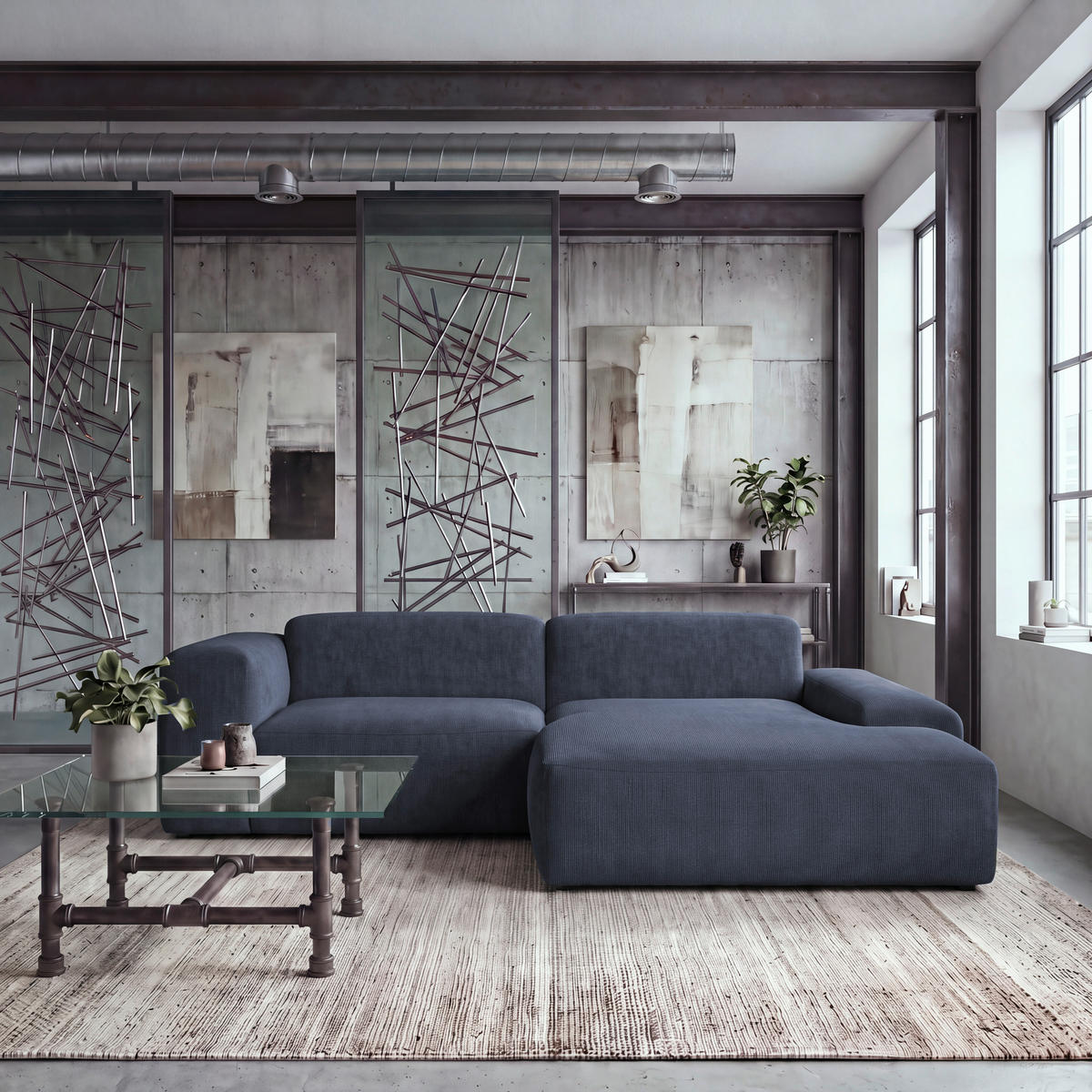 ECKSOFA HANNAH Blau Cord  - Blau/Schwarz, Design, Kunststoff/Textil (252/170cm) - MID.YOU