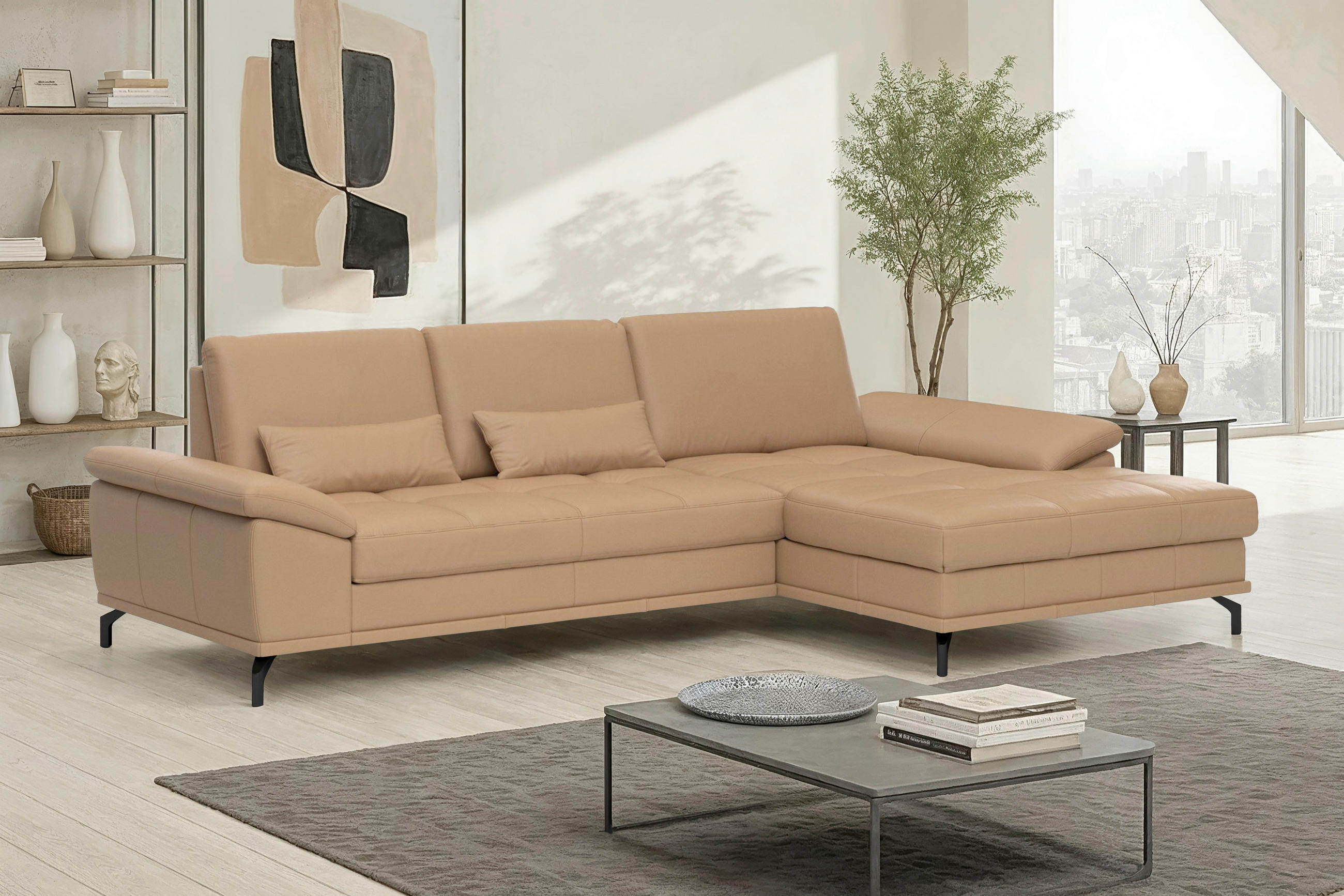 ECKSOFA COSTELLO E Cappuccino Echtleder Nierenkissen, Armteilverstellung, Sitztiefenverstellung  - Schwarz/Cappuccino, Basics, Leder/Textil (301/176cm) - Sit & More