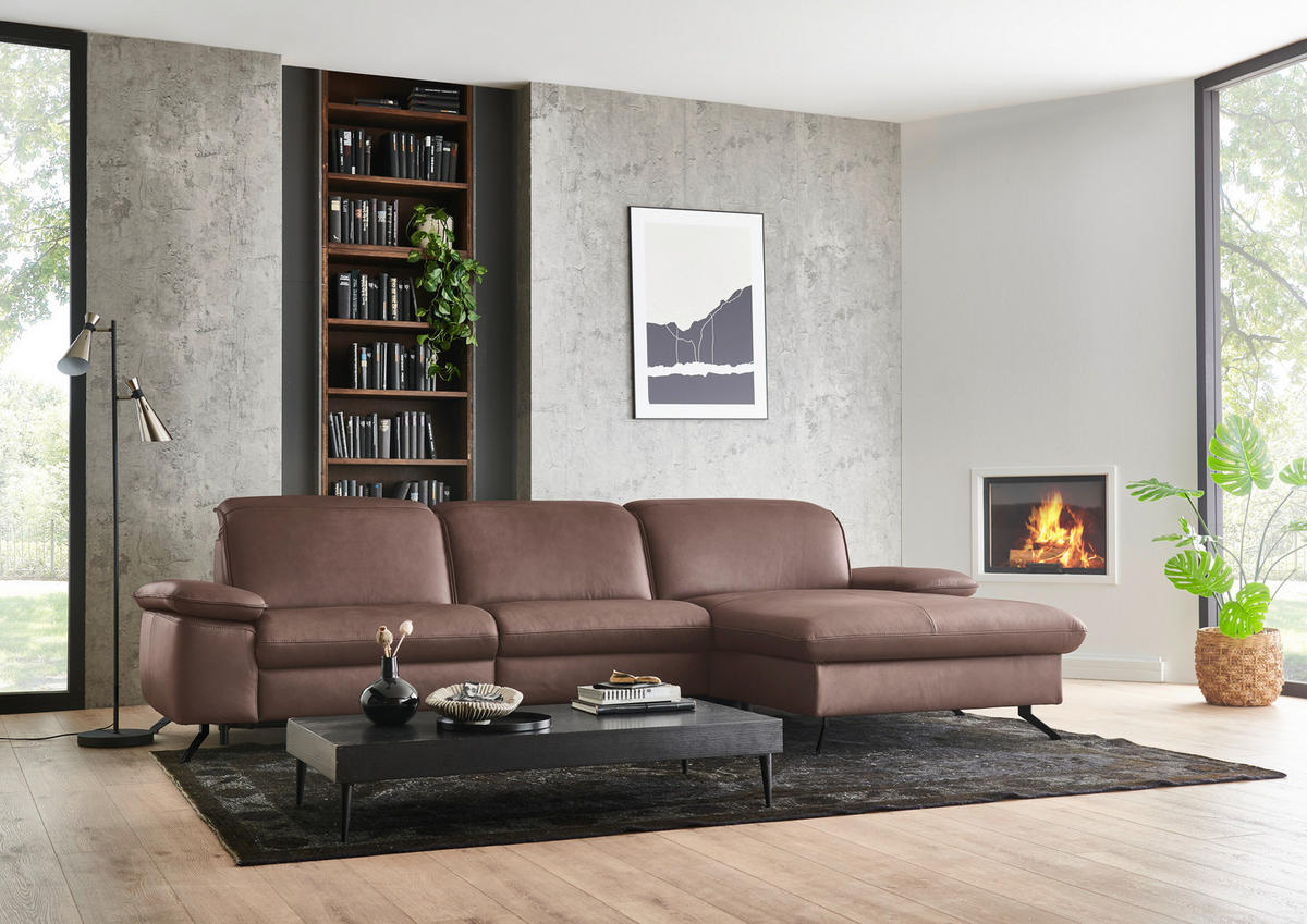 ECKSOFA Echtleder Rotbraun  - Rotbraun/Schwarz, Design, Leder/Metall (307/169cm) - Beldomo Premium