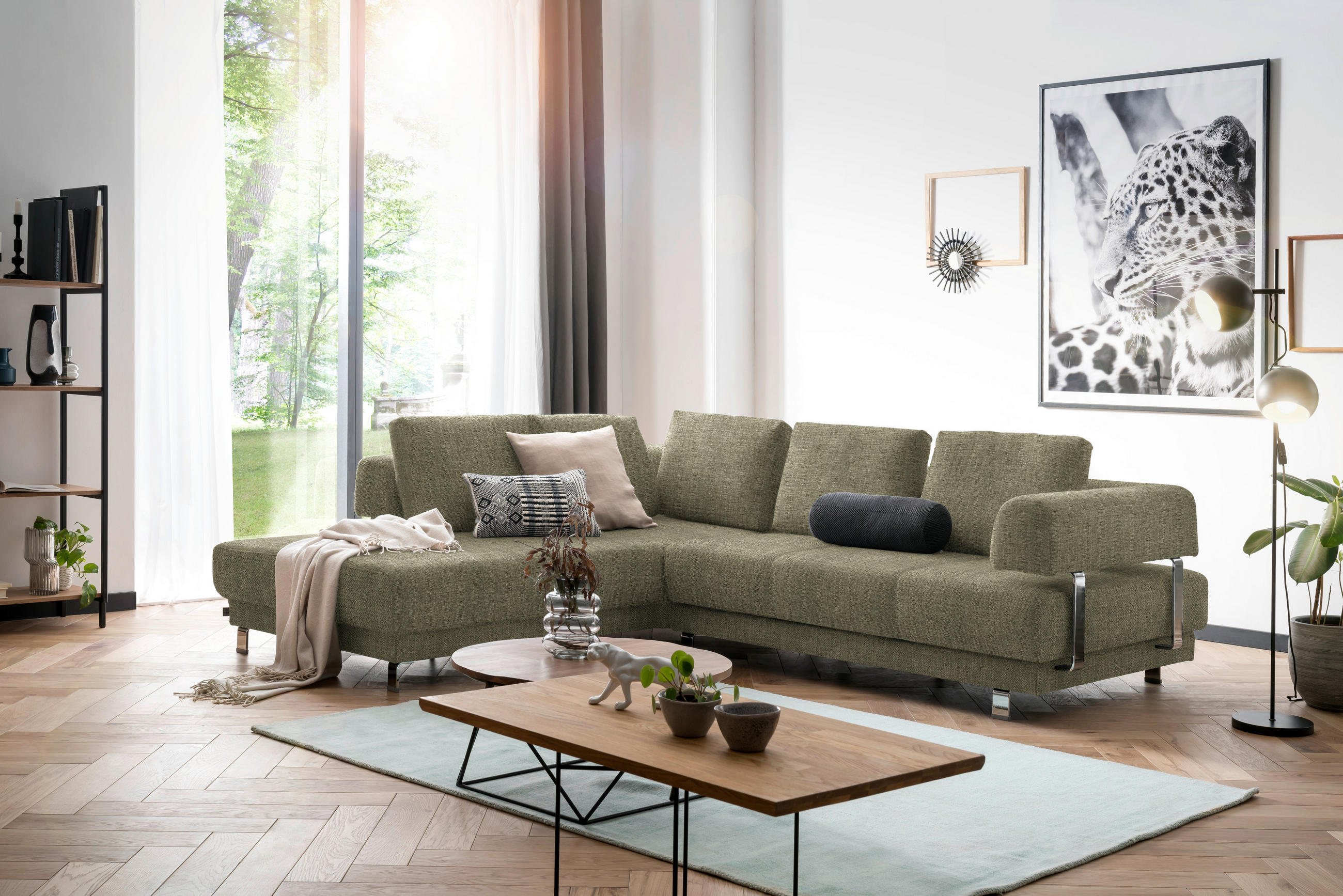 Thumbnail - Stylife Ecksofa, Hellgrün, Textil, Uni, 5-Sitzer, Füllung: Polyurethan (Pur), Ottomane links, L-Form, 277x235 cm, Golden...