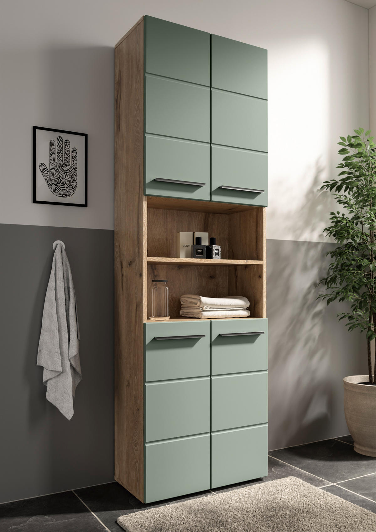 HOCHSCHRANK 60/190/31 cm  - Schilfgrün/Eichefarben, Basics, Holzwerkstoff/Kunststoff (60/190/31cm) - MID.YOU