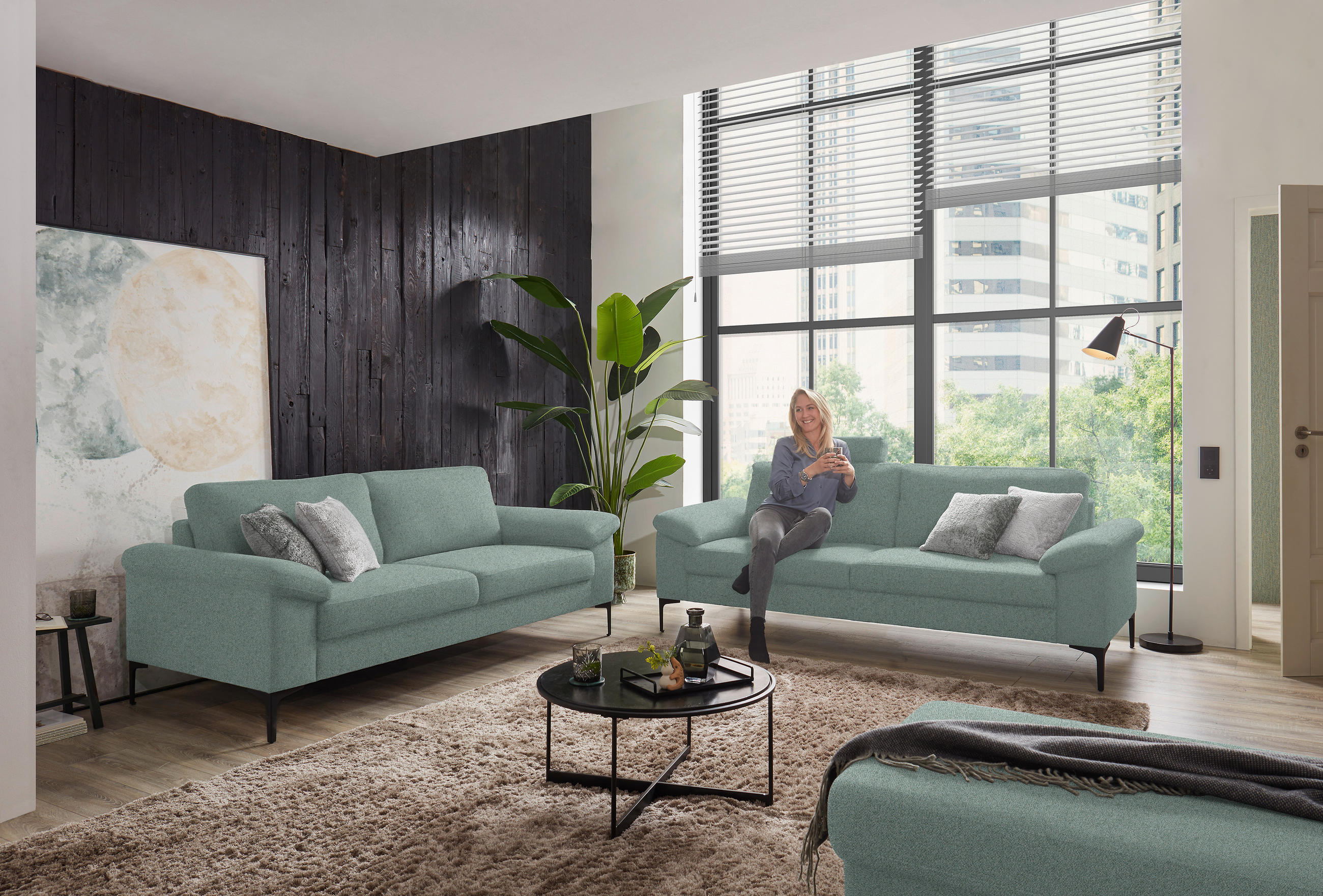 3-SITZER-SOFA in Flachgewebe Salbeigrün  - Salbeigrün/Schwarz, Design, Textil/Metall (226/89/97cm) - Pure Home Lifestyle