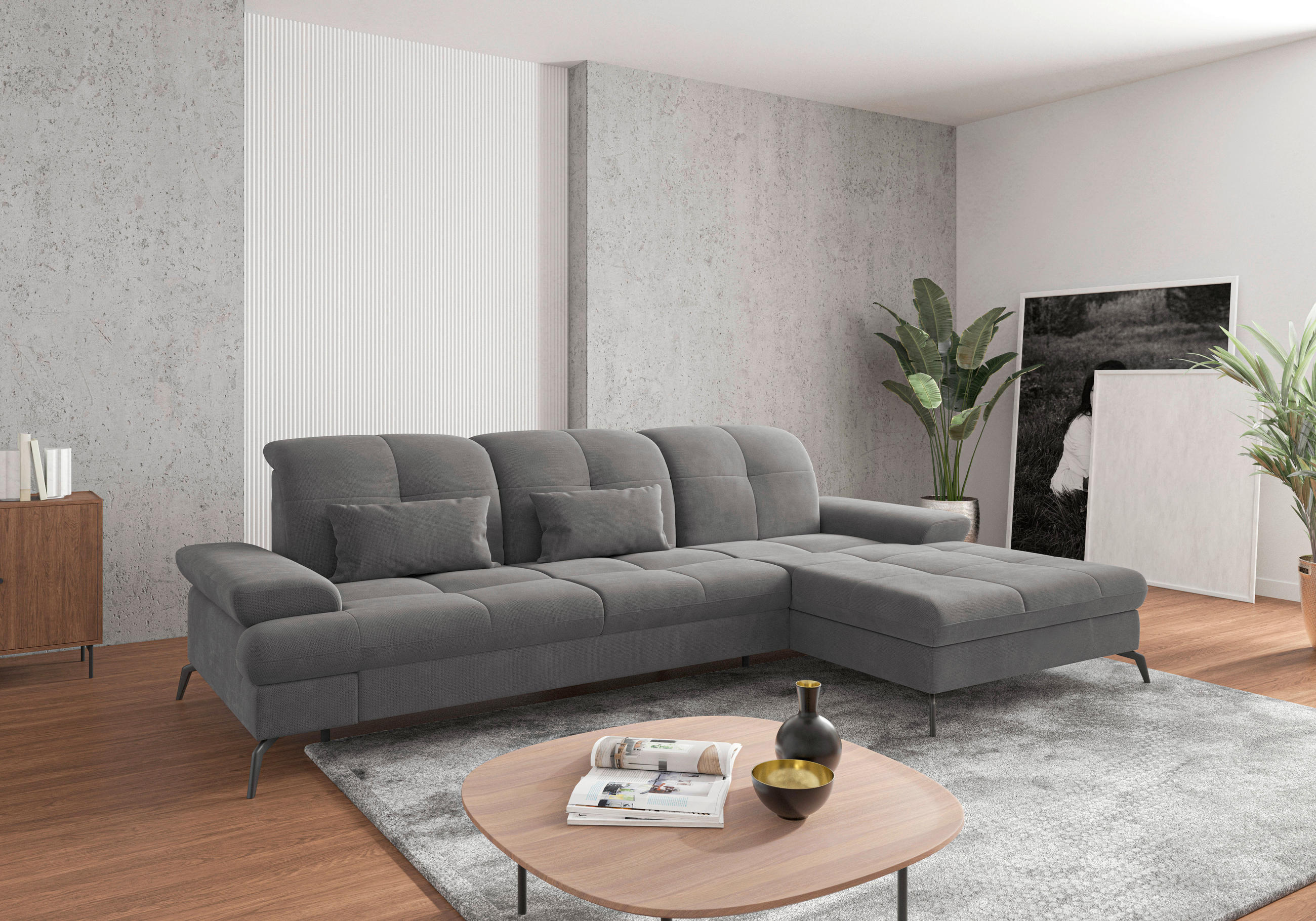 ECKSOFA Grau Flachgewebe  - Schwarz/Grau, KONVENTIONELL, Textil/Metall (279/185cm) - Sit & More