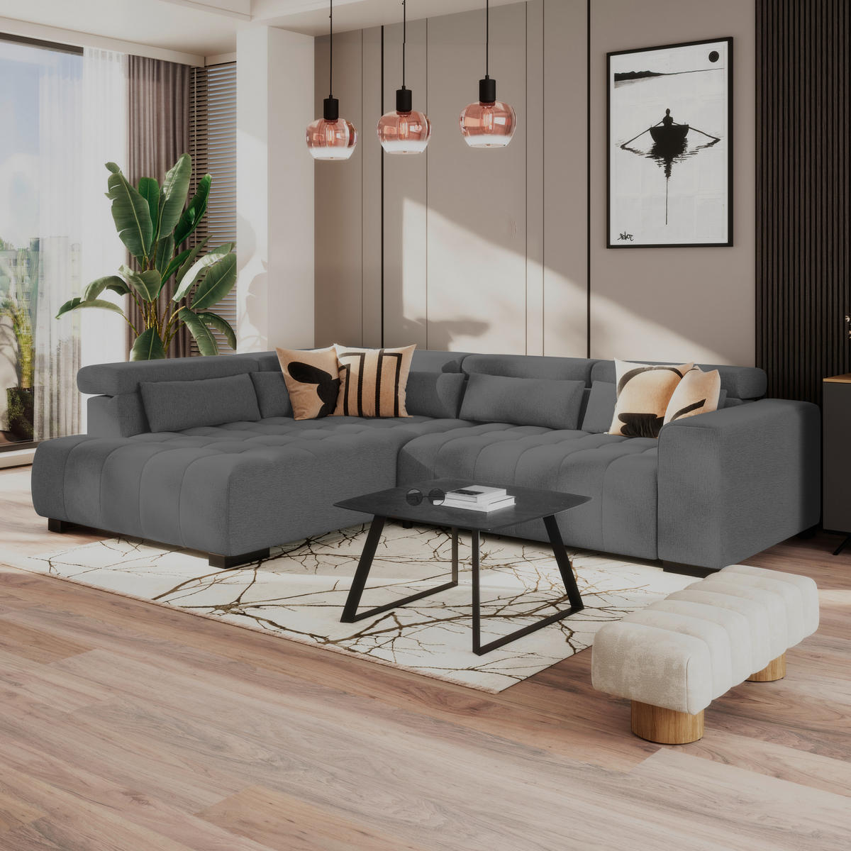 ECKSOFA Chenille, Struktur Anthrazit  - Anthrazit/Schwarz, Trend, Holz/Textil (226/311cm) - MID.YOU