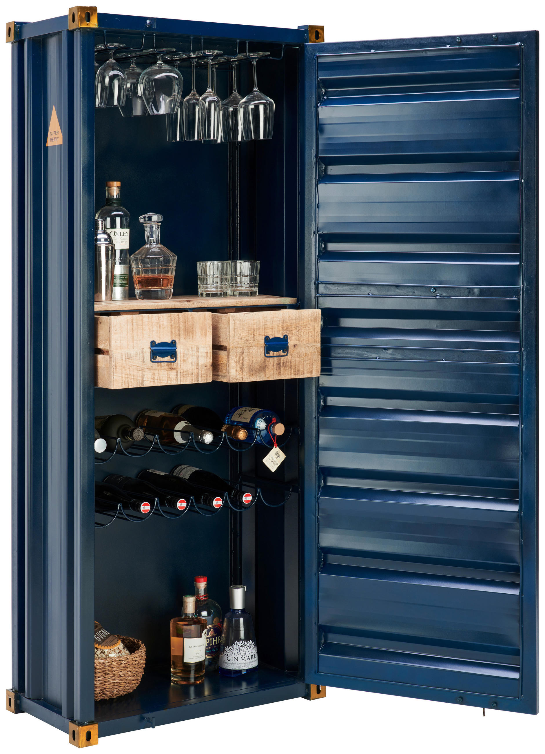 BARSCHRANK Mangoholz Hartholz Blau, Goldfarben  - Blau/Goldfarben, Trend, Holz/Holzwerkstoff (73/176/41cm) - Ambia Home